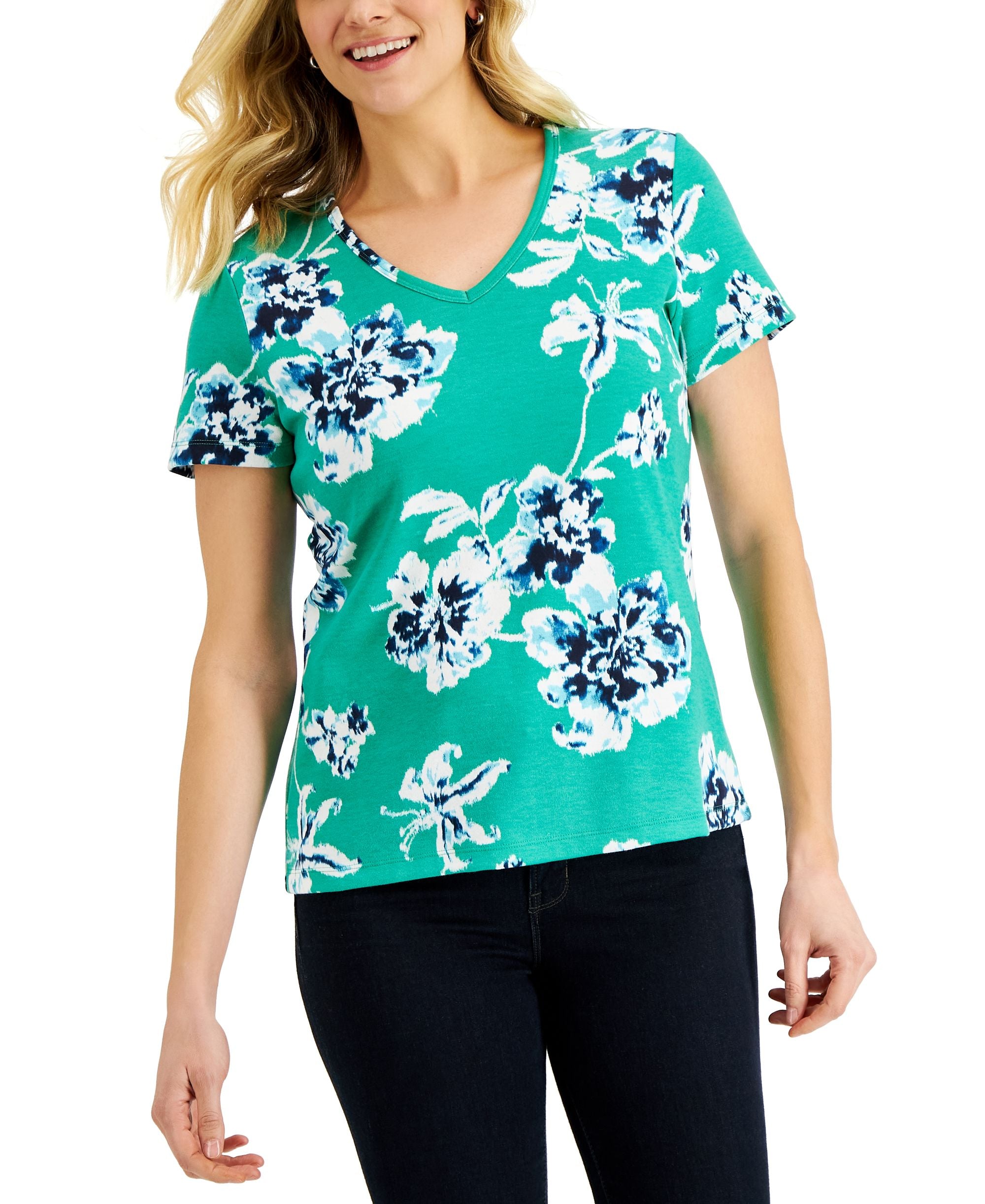 Karen Scott Womens Holiday Floral Printed Premium Top