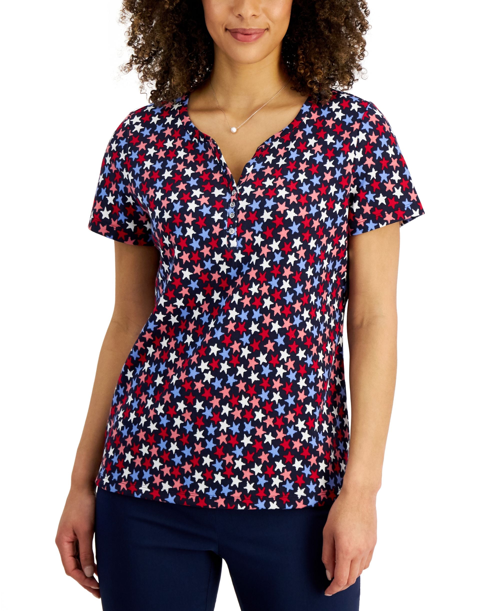 Karen Scott Womens Star Ditsy Henley Premium Top