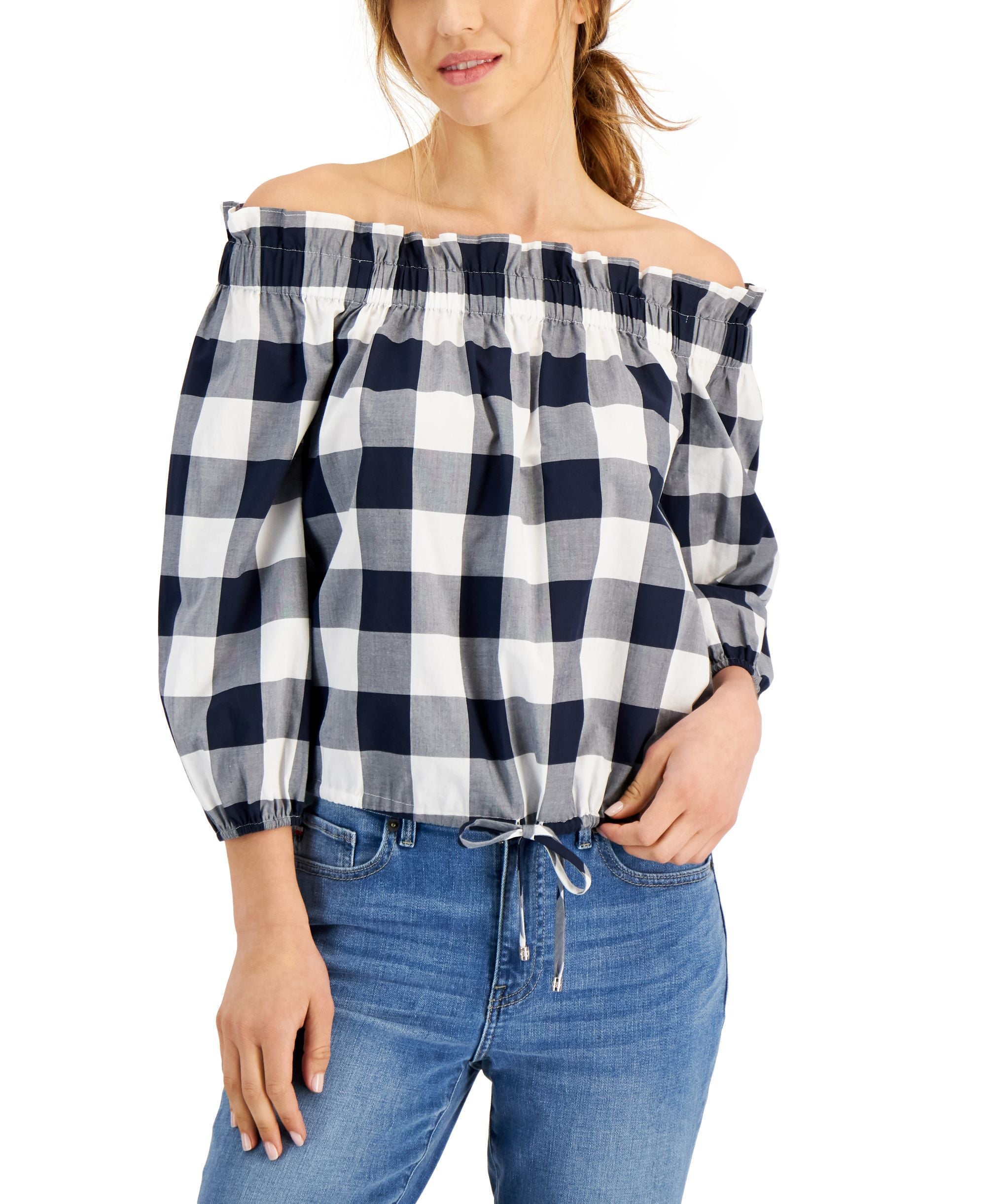 Tommy Hilfiger Gingham Off The Shoulder Premium Top