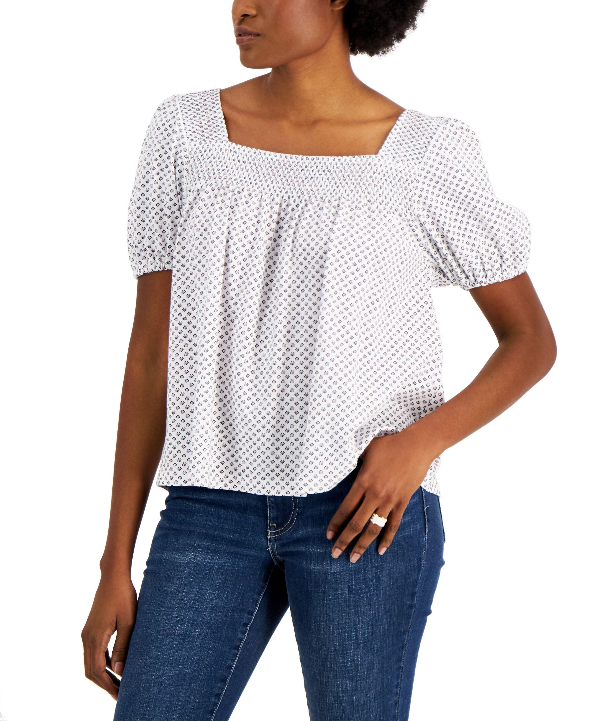 Tommy Hilfiger Womens Floral Print Smocked Pullover Premium Top