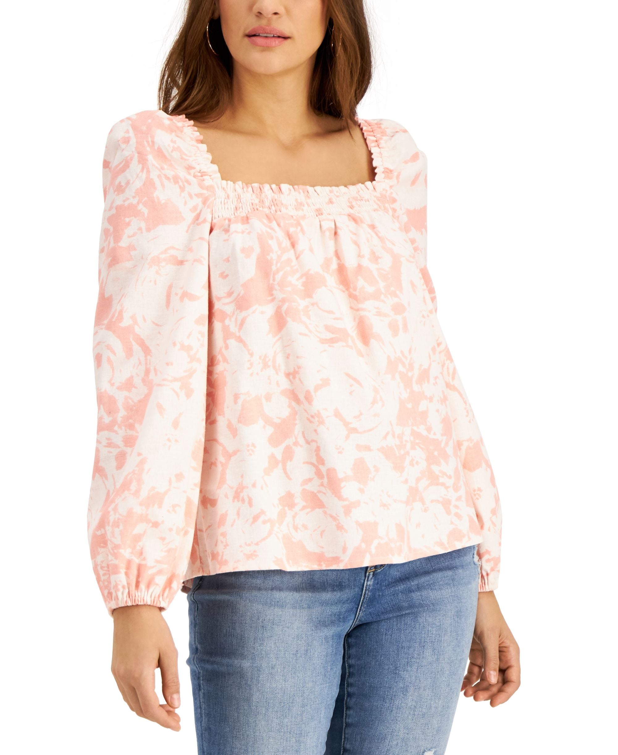 INC International Concepts Printed Smocked Neck Premium Top