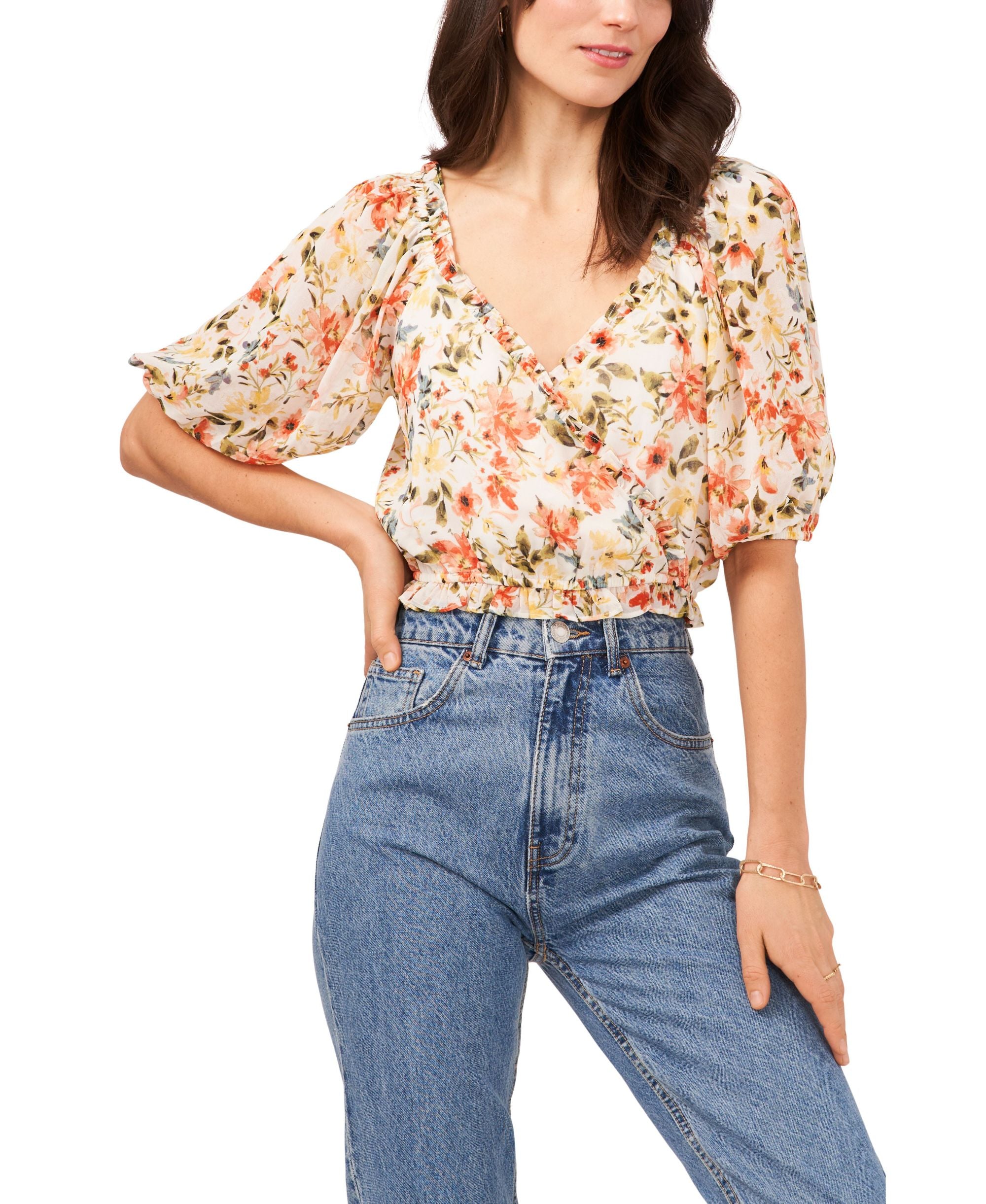 1.State Puff-Sleeve Cross Front Cropped Premium Top
