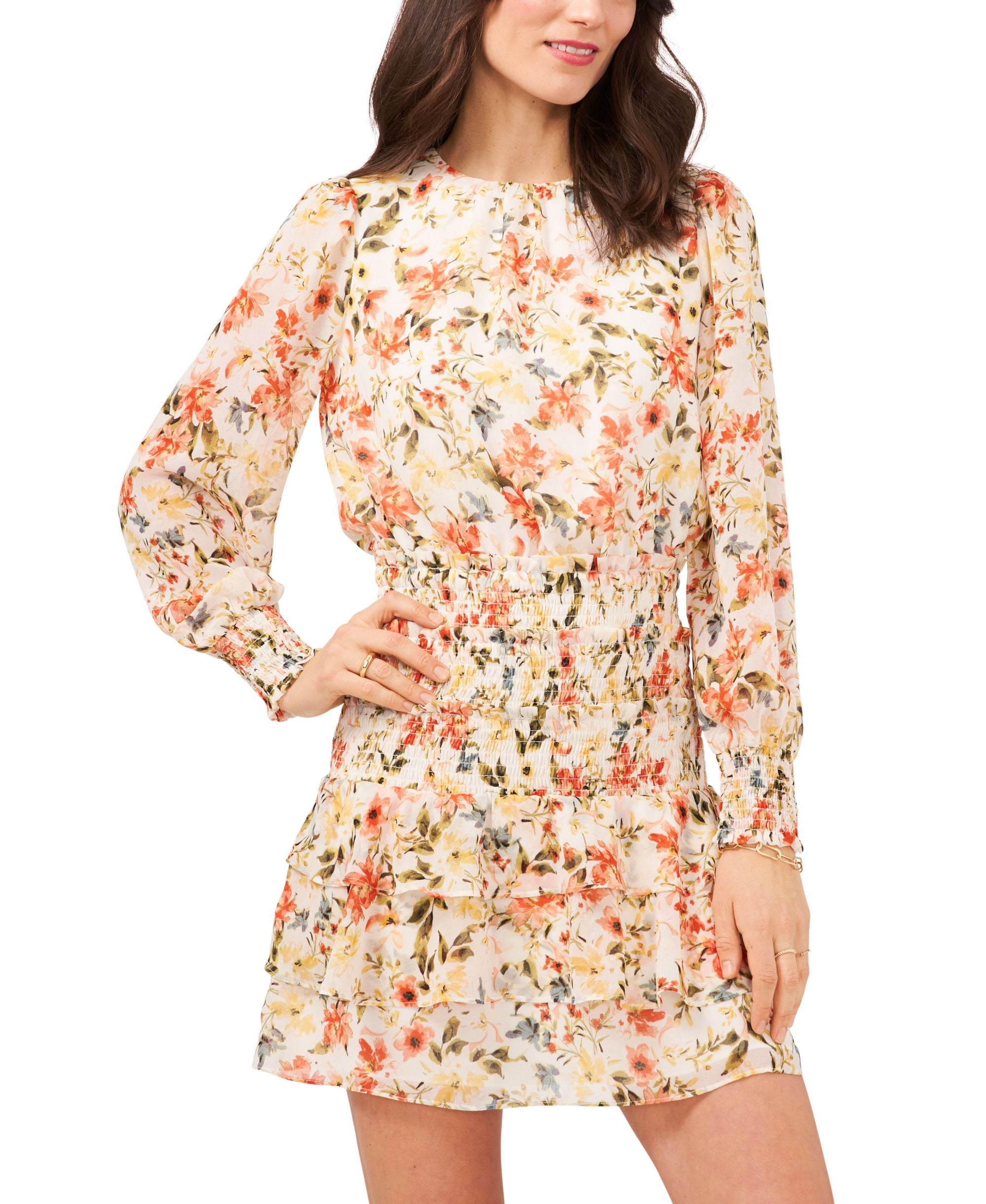 1.State Long-Sleeve Smock-Detail Modern Skirt Crewneck Dress