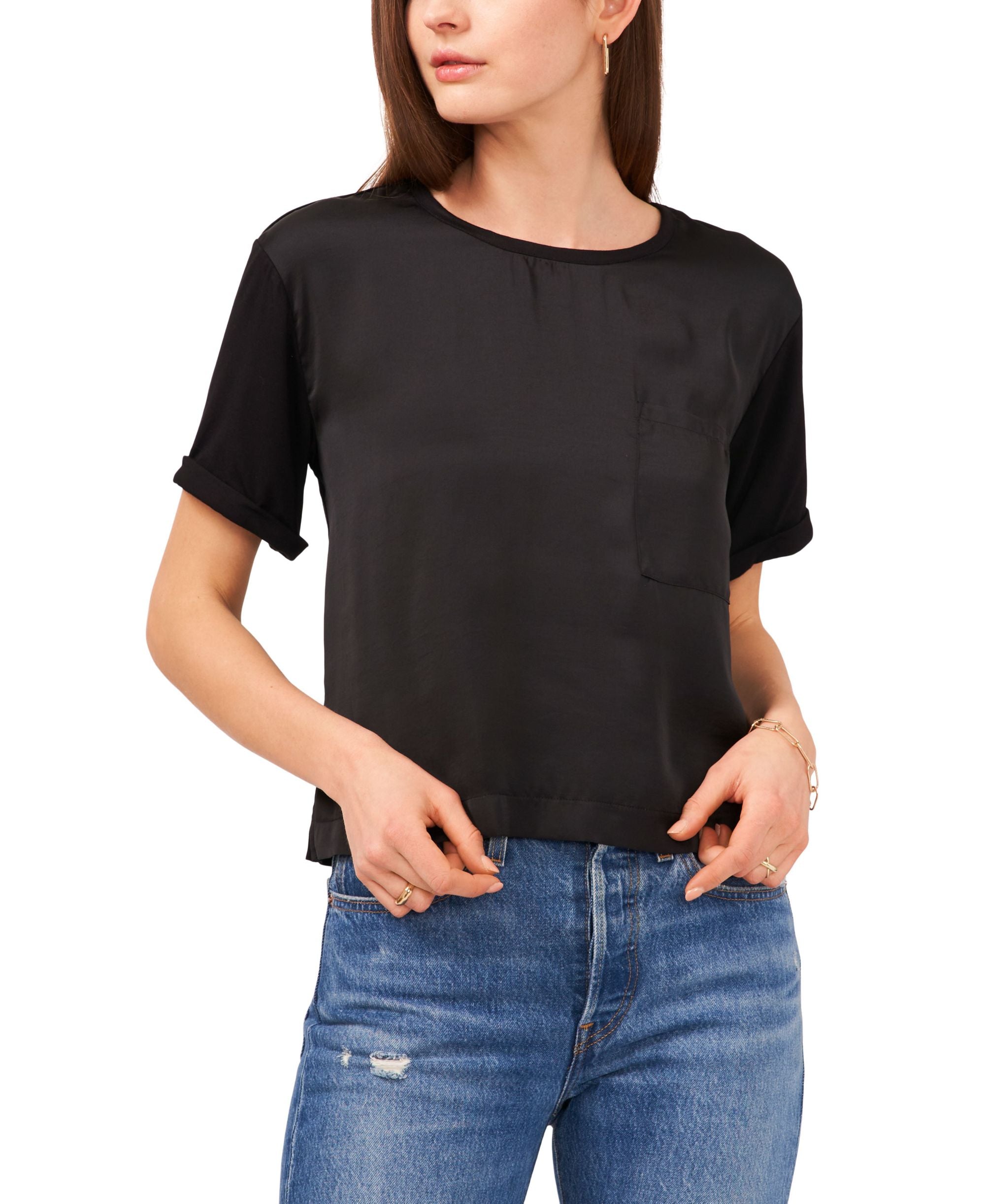 1.State Mixed Media Short-Sleeve T-Modern Shirt With Front Pocket