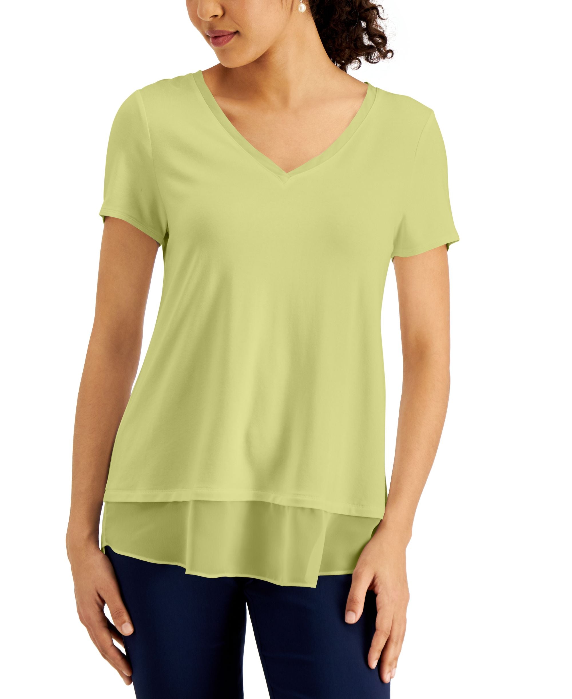 JM Collection V Neck Sheer Hem Premium Top