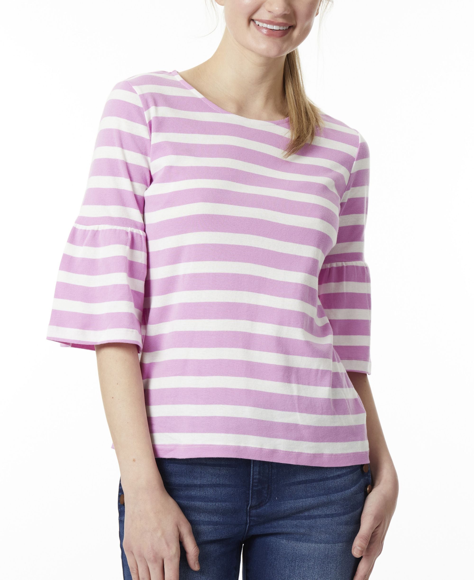 Womens Stripe Cotton Crewneck Elbow Bell Sleeve Premium Top