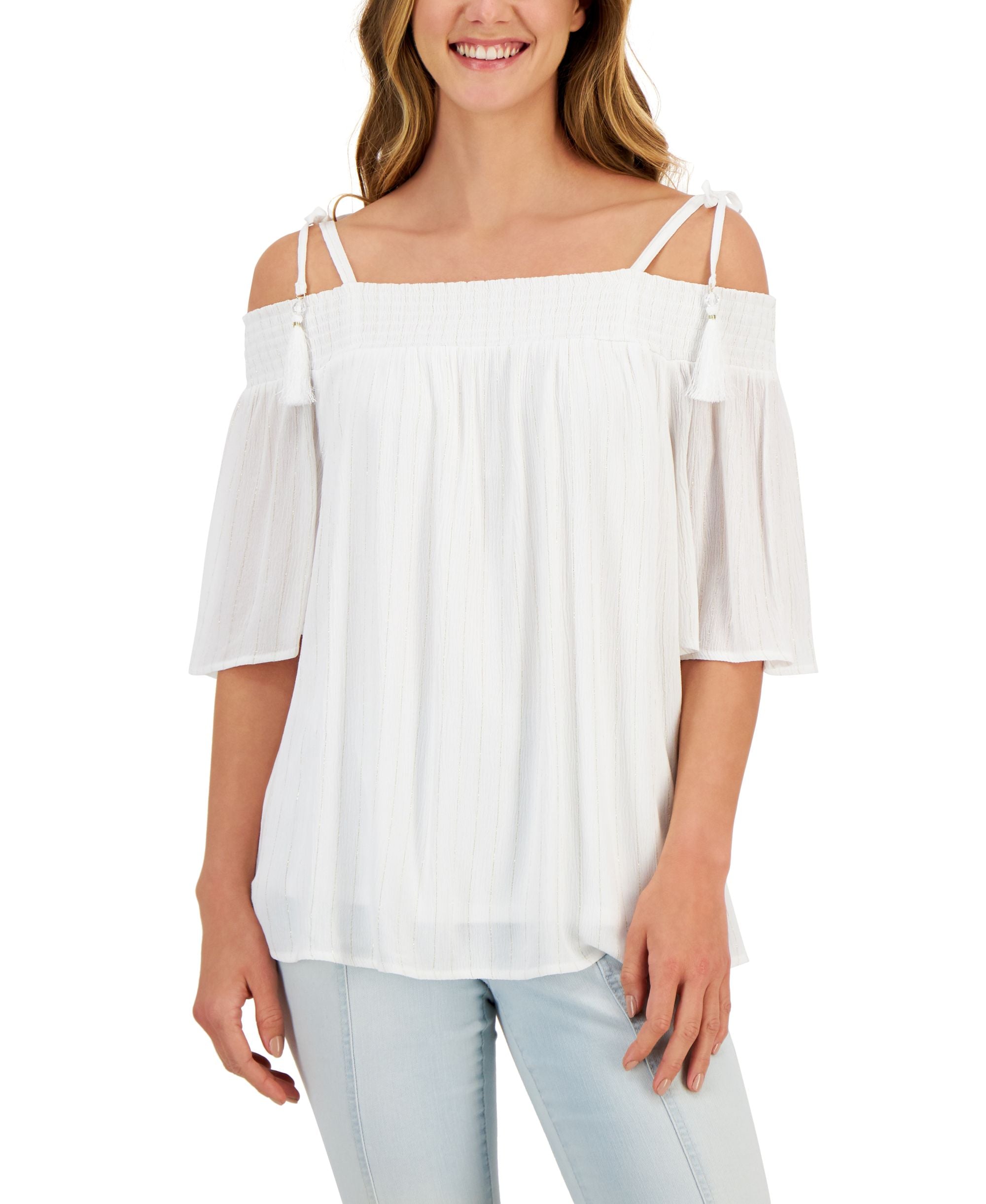 JM Collection Petite Tie Shoulder Tassel Premium Top