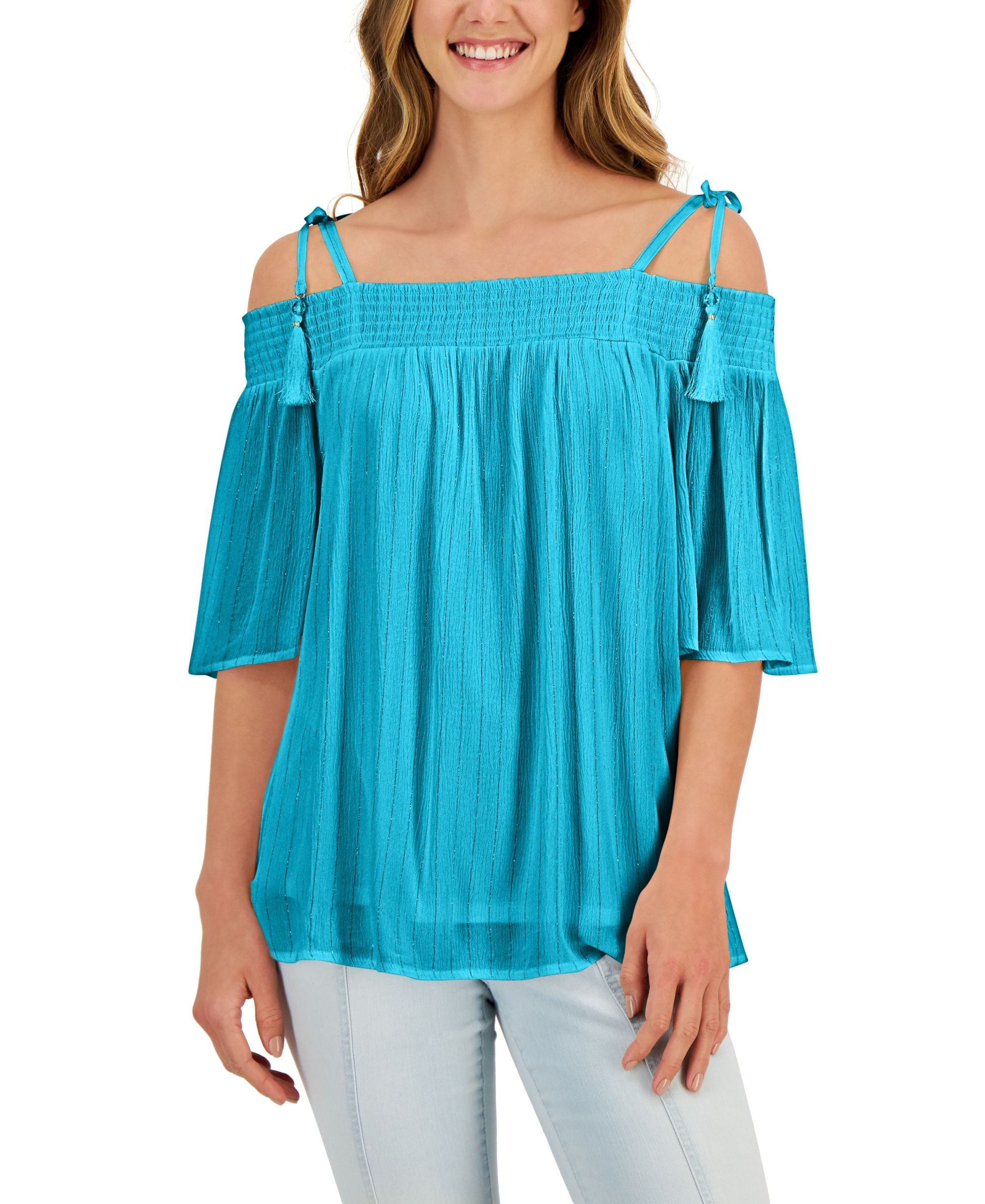 JM Collection Petite Tie Shoulder Tassel Premium Top