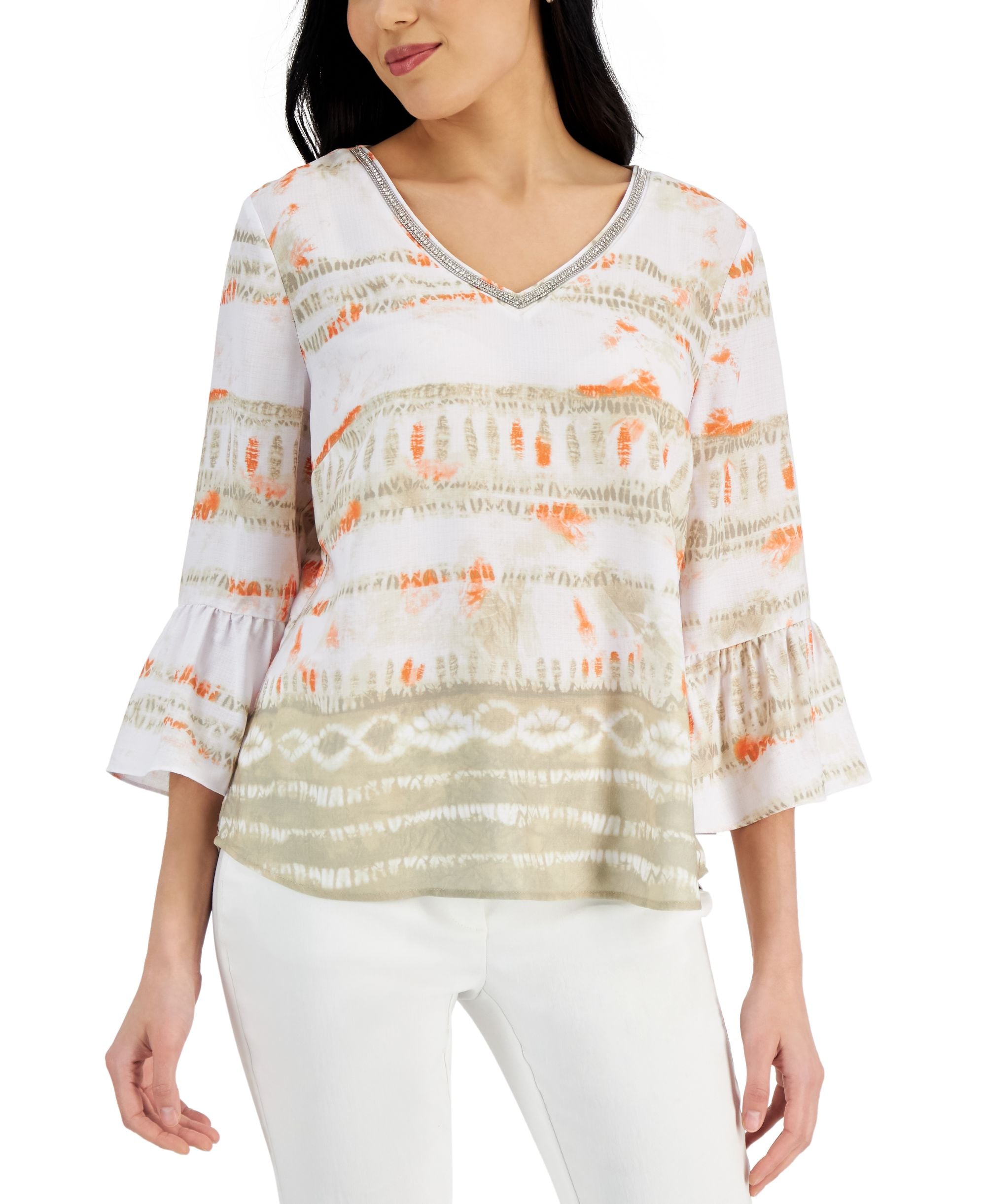 JM Collection Petite Tie-Dyed Bell-Sleeve Premium Top