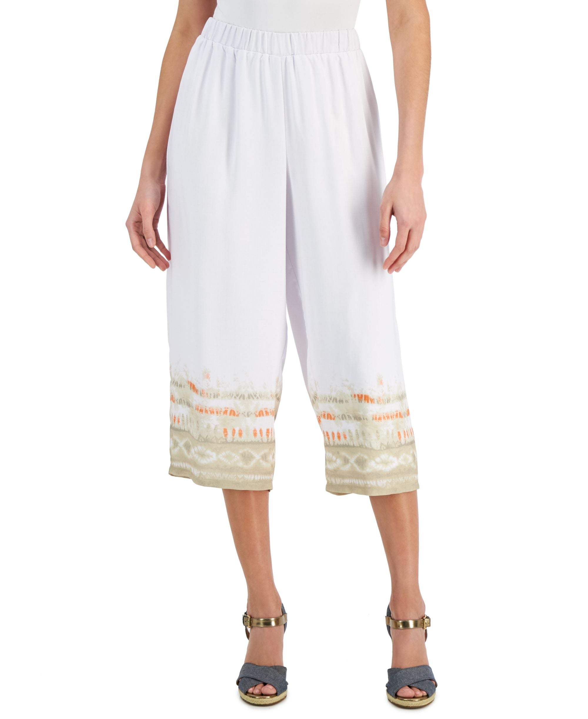 JM Collection Petite Dyed-Hem Wide-Leg Capri-Length Signature Pants