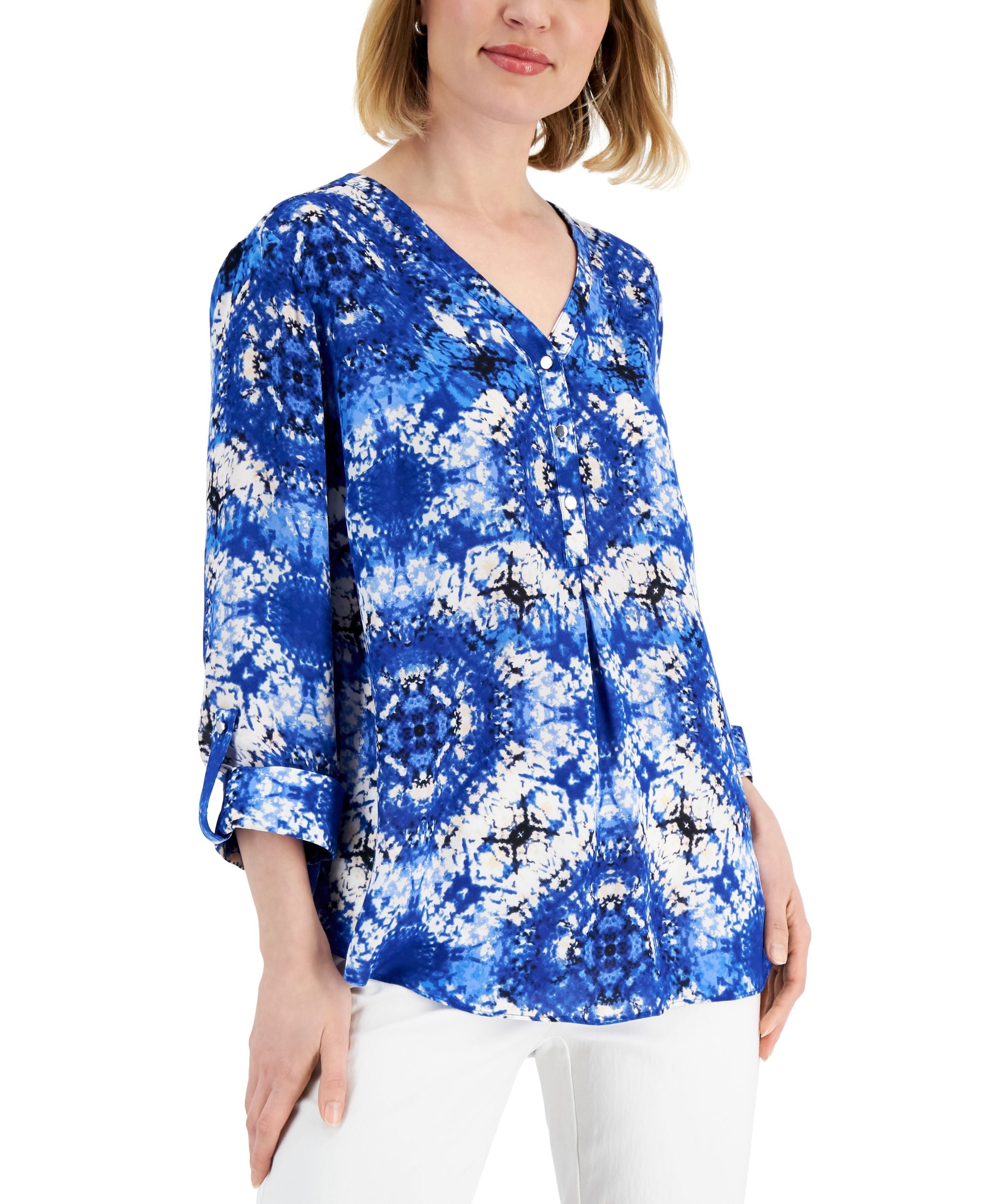JM Collection Womens Printed Y-Neck Premium Top