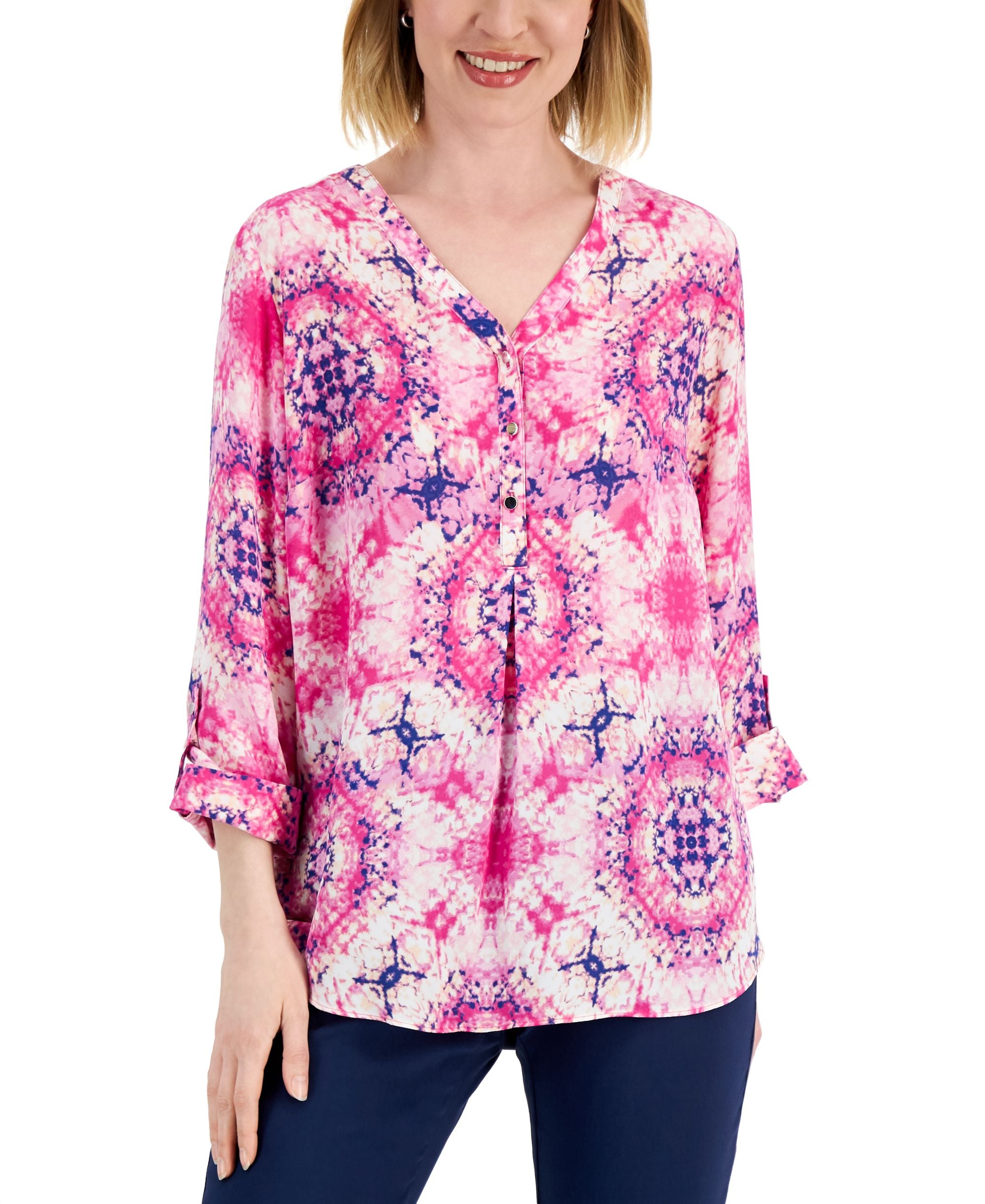 JM Collection Womens Printed Y-Neck Premium Top