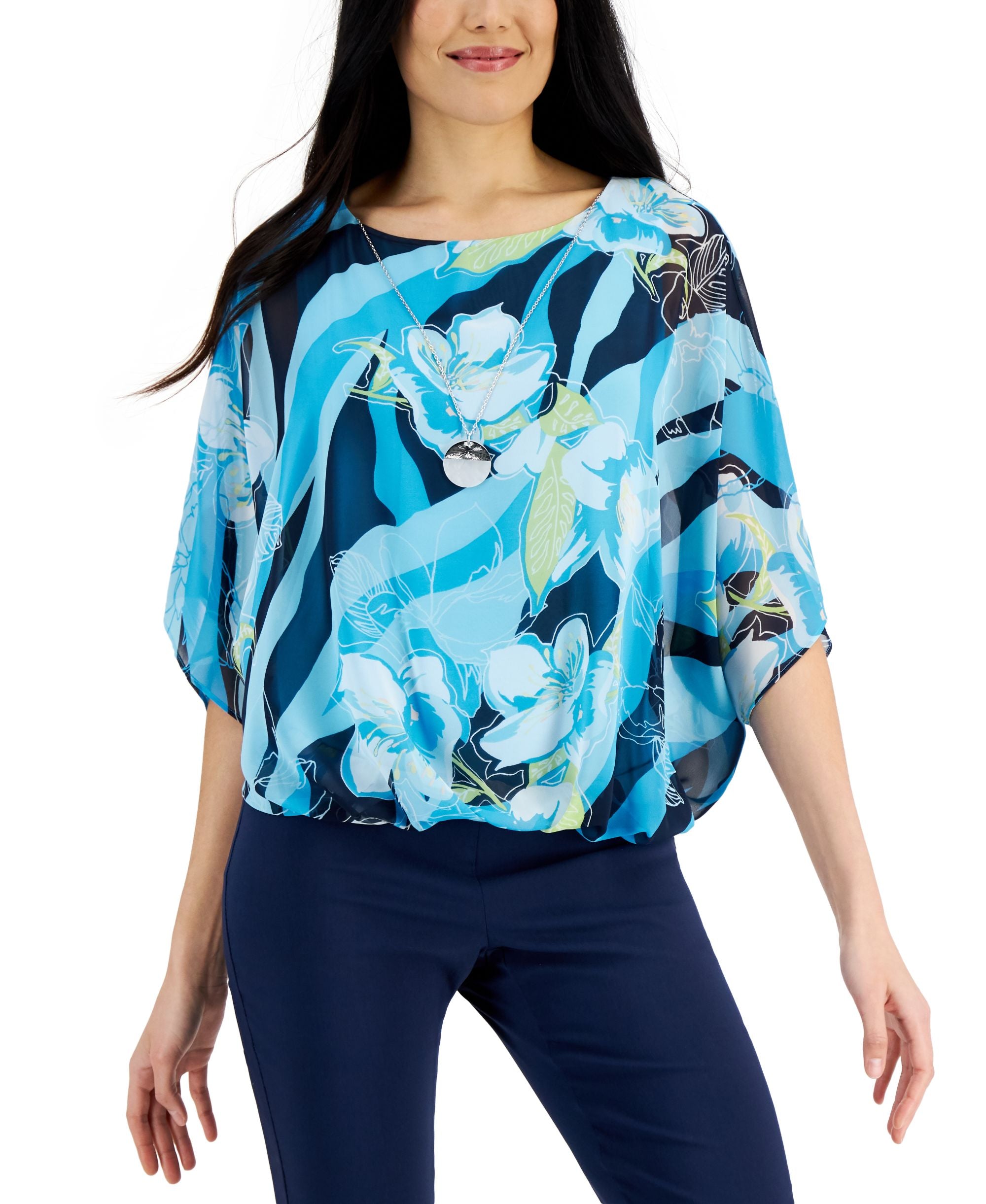 JM Collection Womens Floral Print Necklace Premium Top