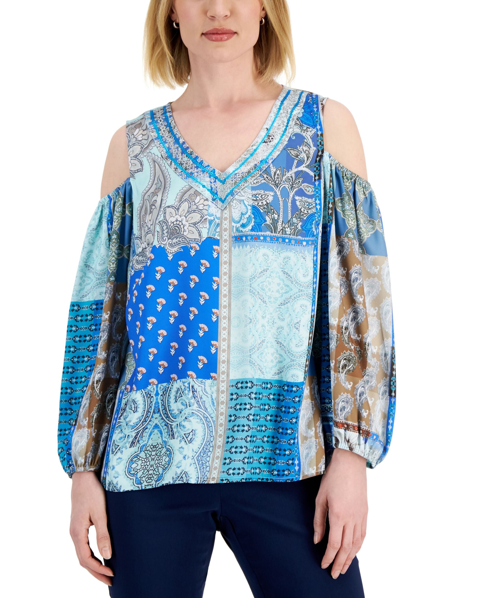 JM Collection Womens Paisley-Print Cold-Shoulder Premium Top