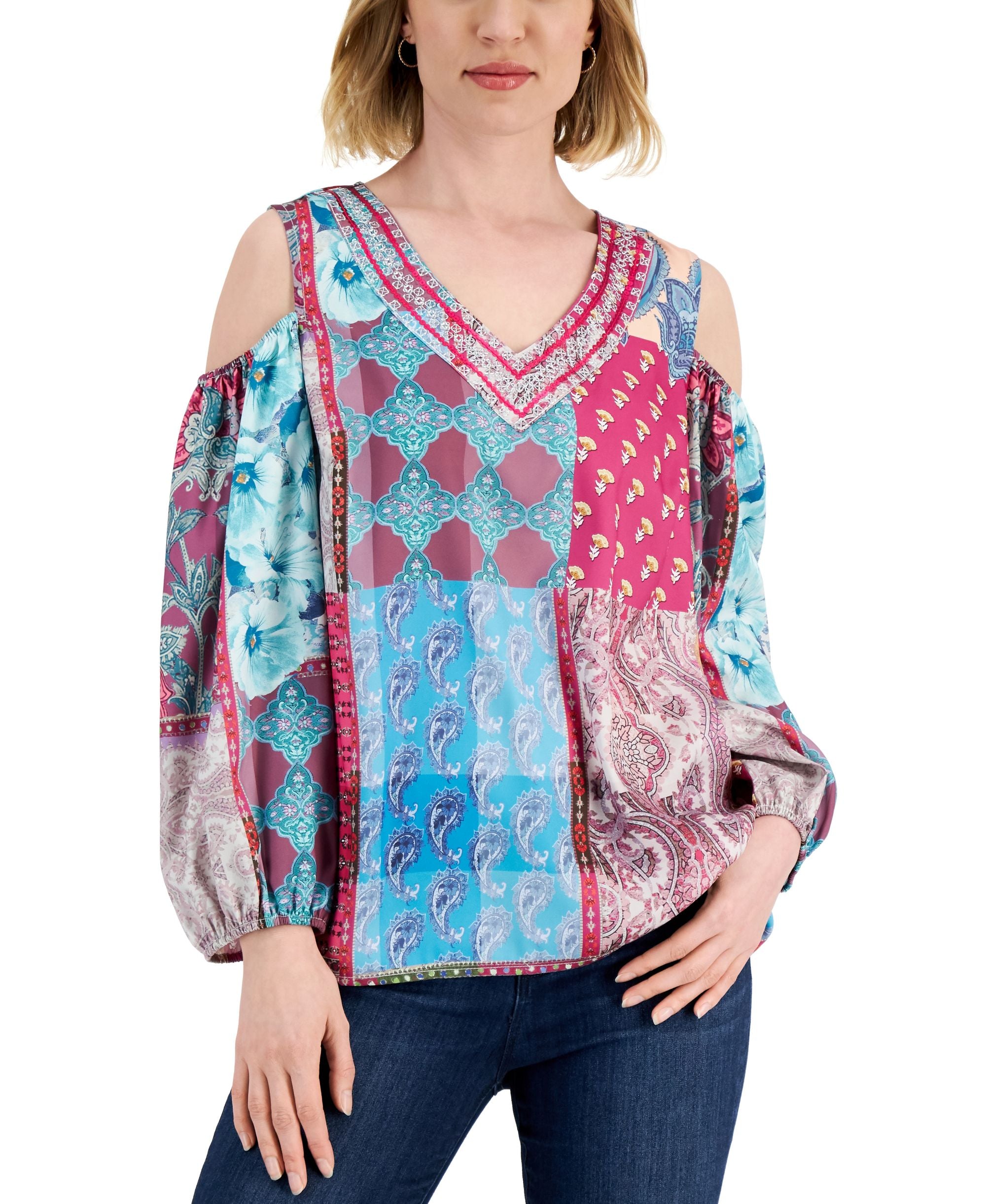 JM Collection Womens Paisley-Print Cold-Shoulder Premium Top