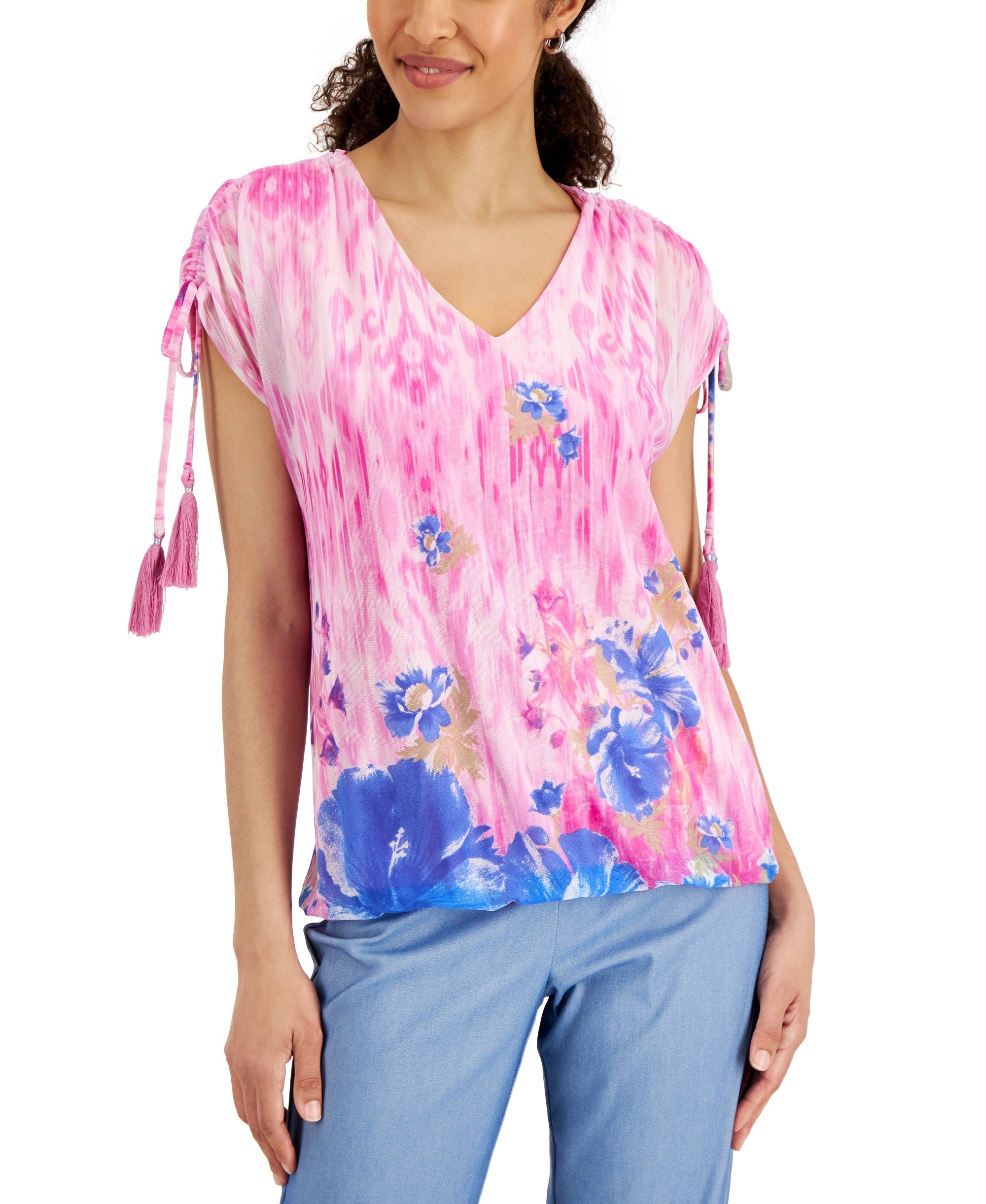 JM Collection Womens Floral-Print Mesh Premium Top
