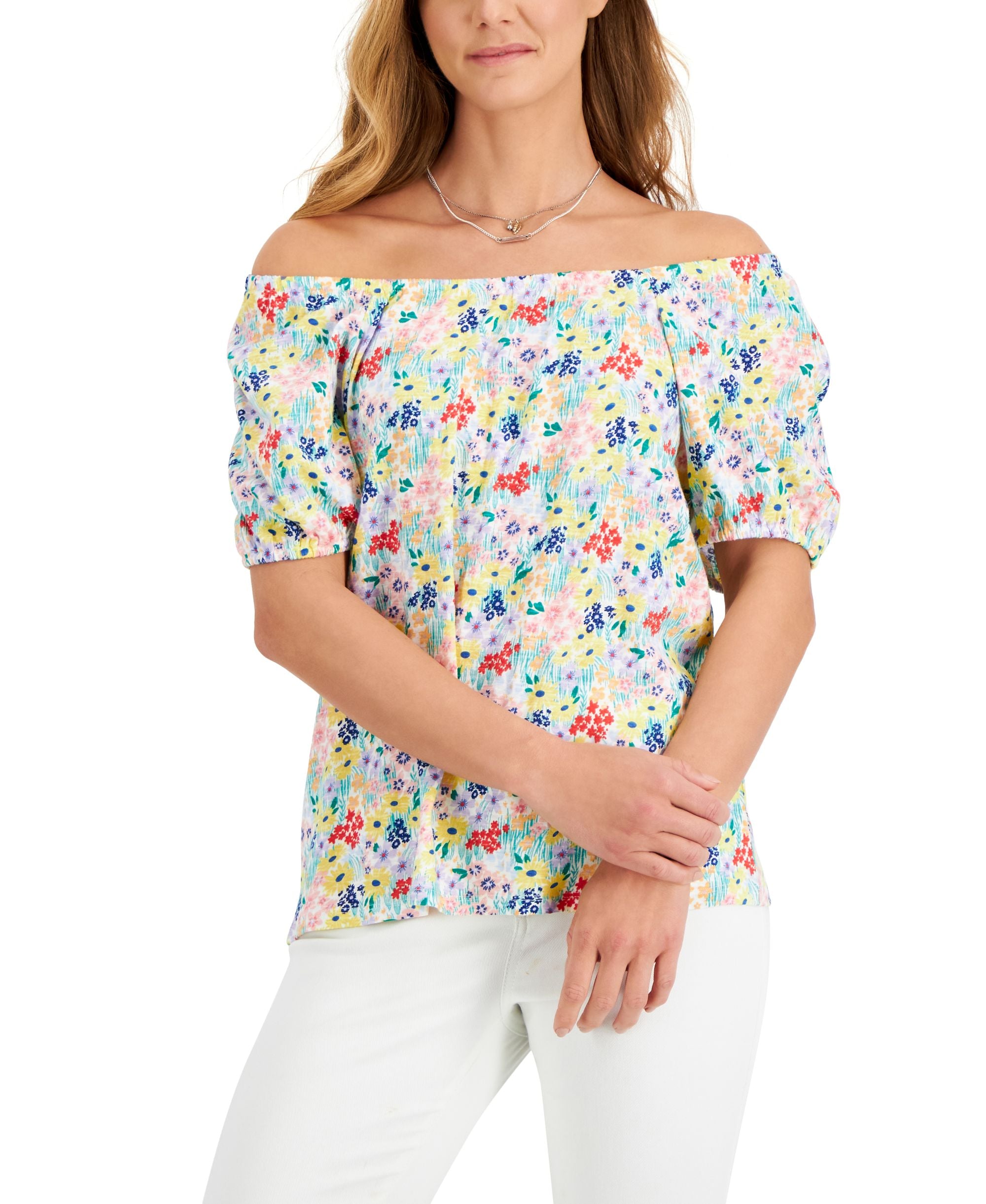 Style & Co Petite Wildflower Meadow Cotton Puff-Sleeve Premium Top