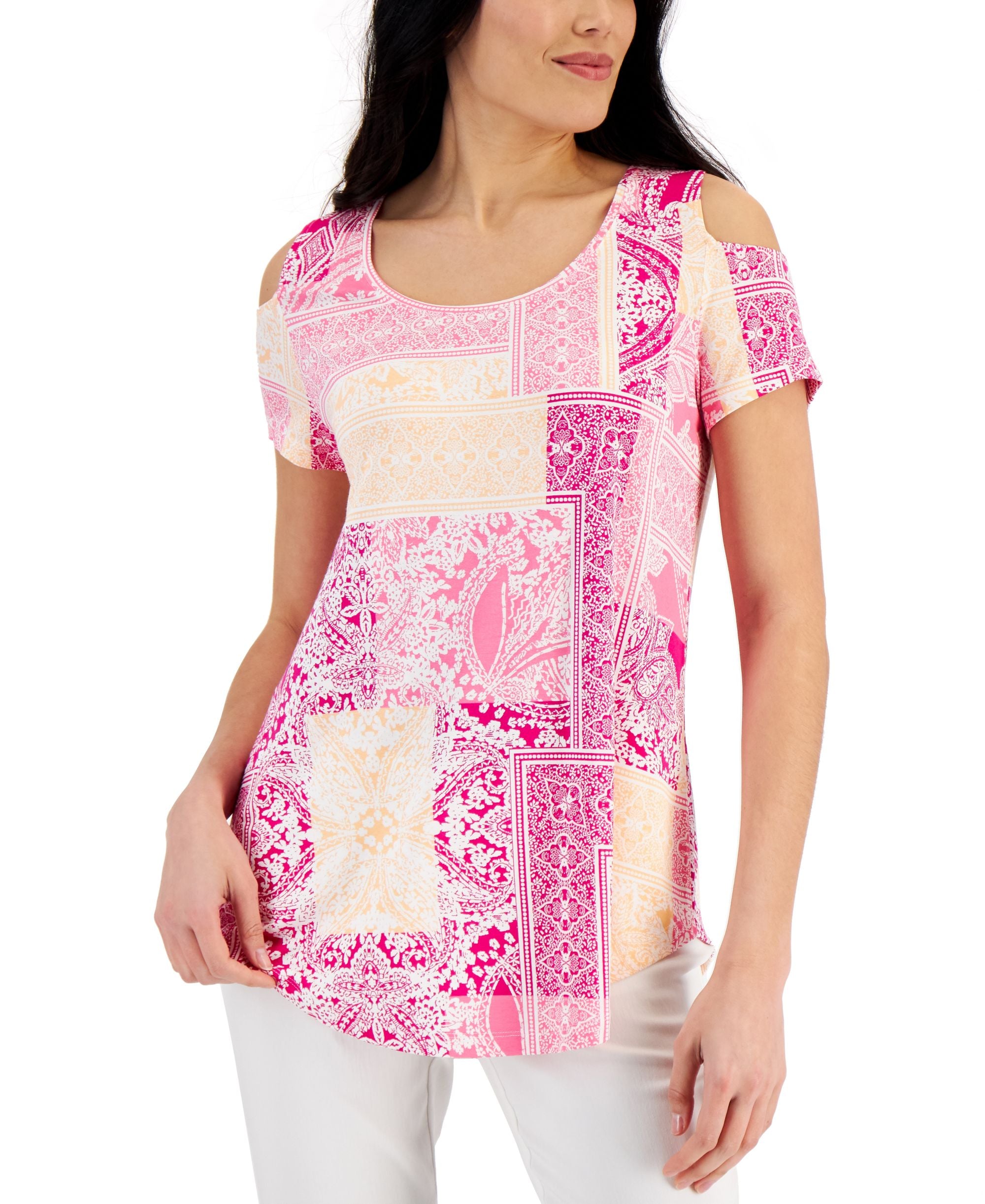 JM Collection Womens Patchwork Print Cold Shoulder Premium Top