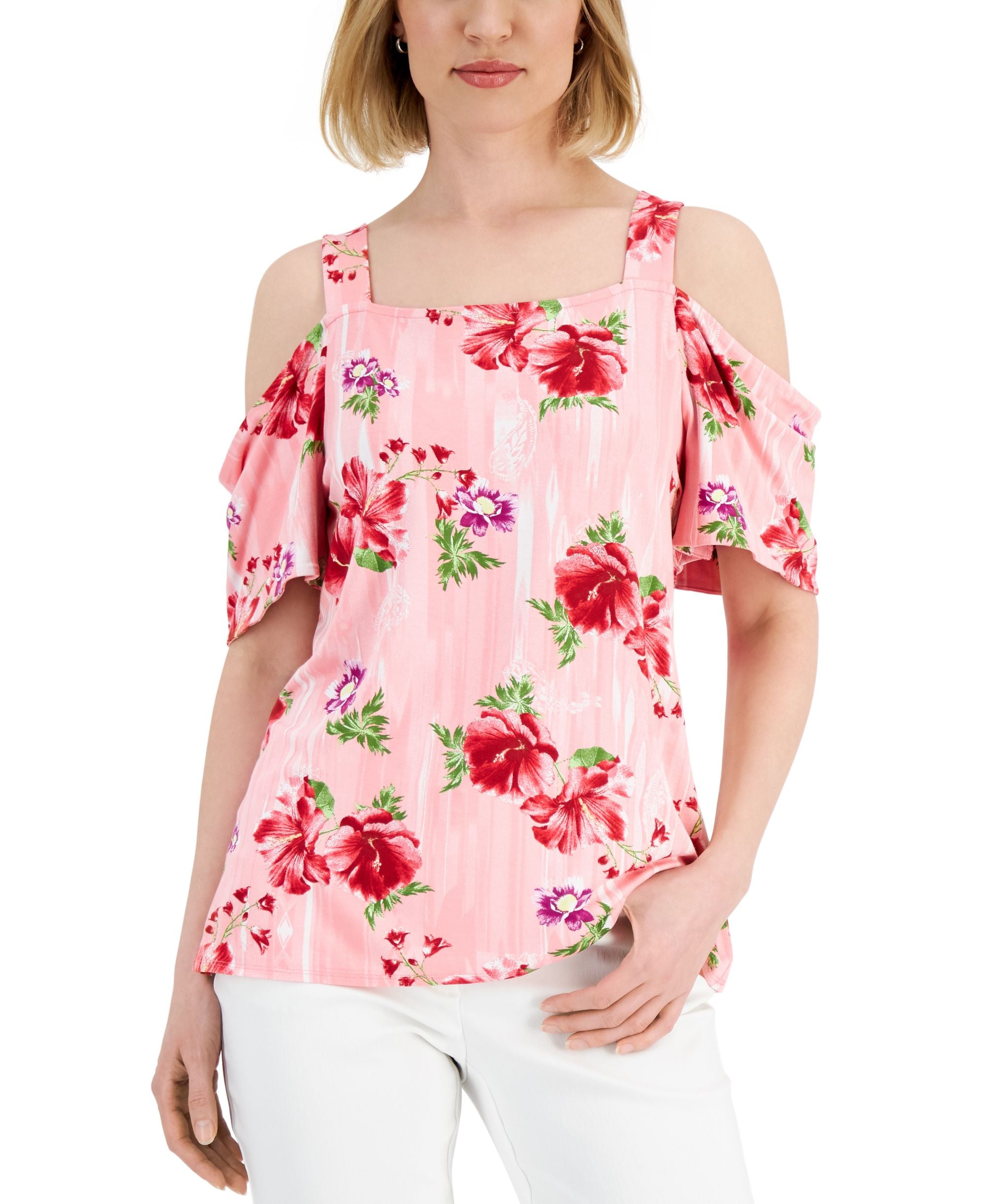 JM Collection Womens Printed Cold-Shoulder Premium Top