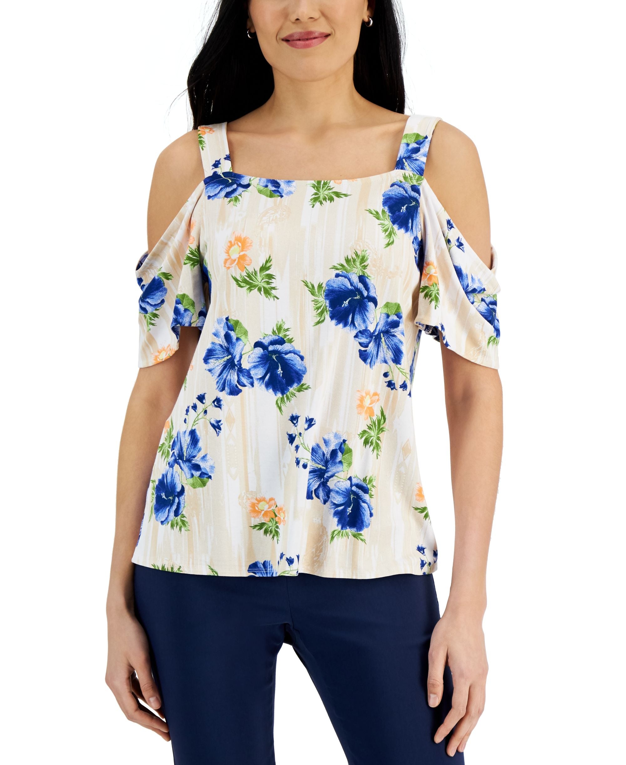 JM Collection Womens Printed Cold-Shoulder Premium Top