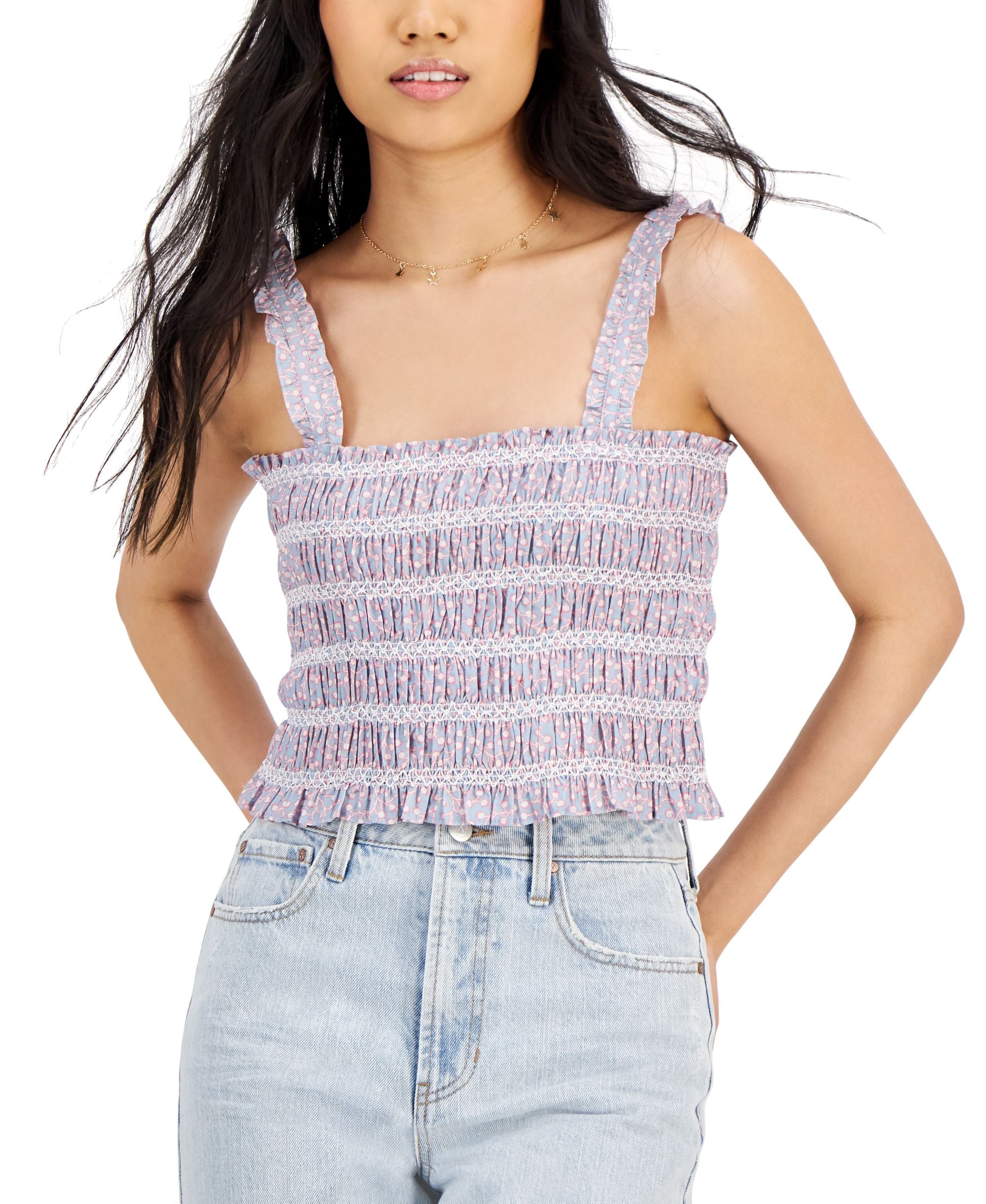 French Connection Womens Square Neck Cropped Cami Cotton Smocked Premium Top