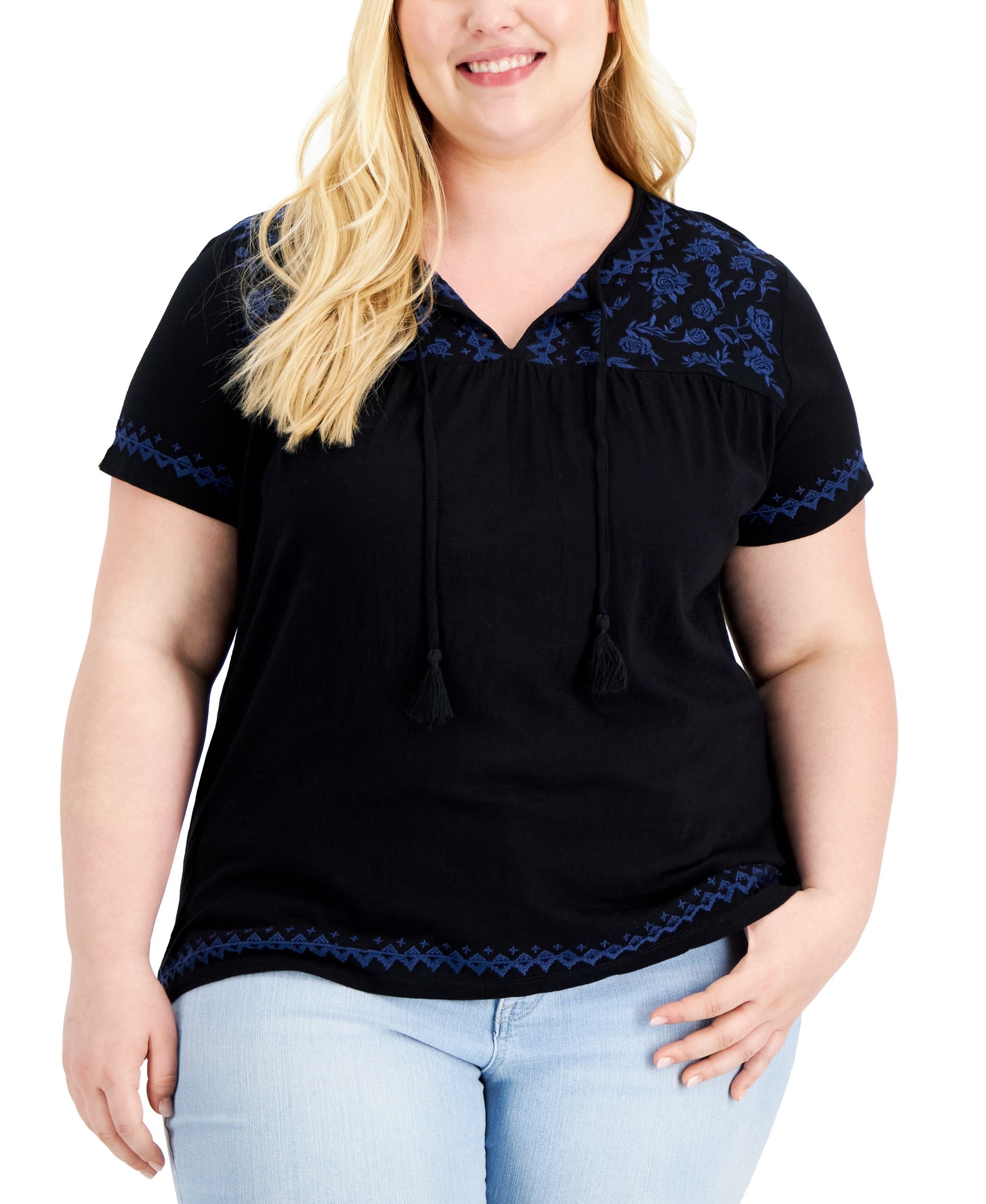 Style & Co Plus Size Embroidered Peasant Premium Top