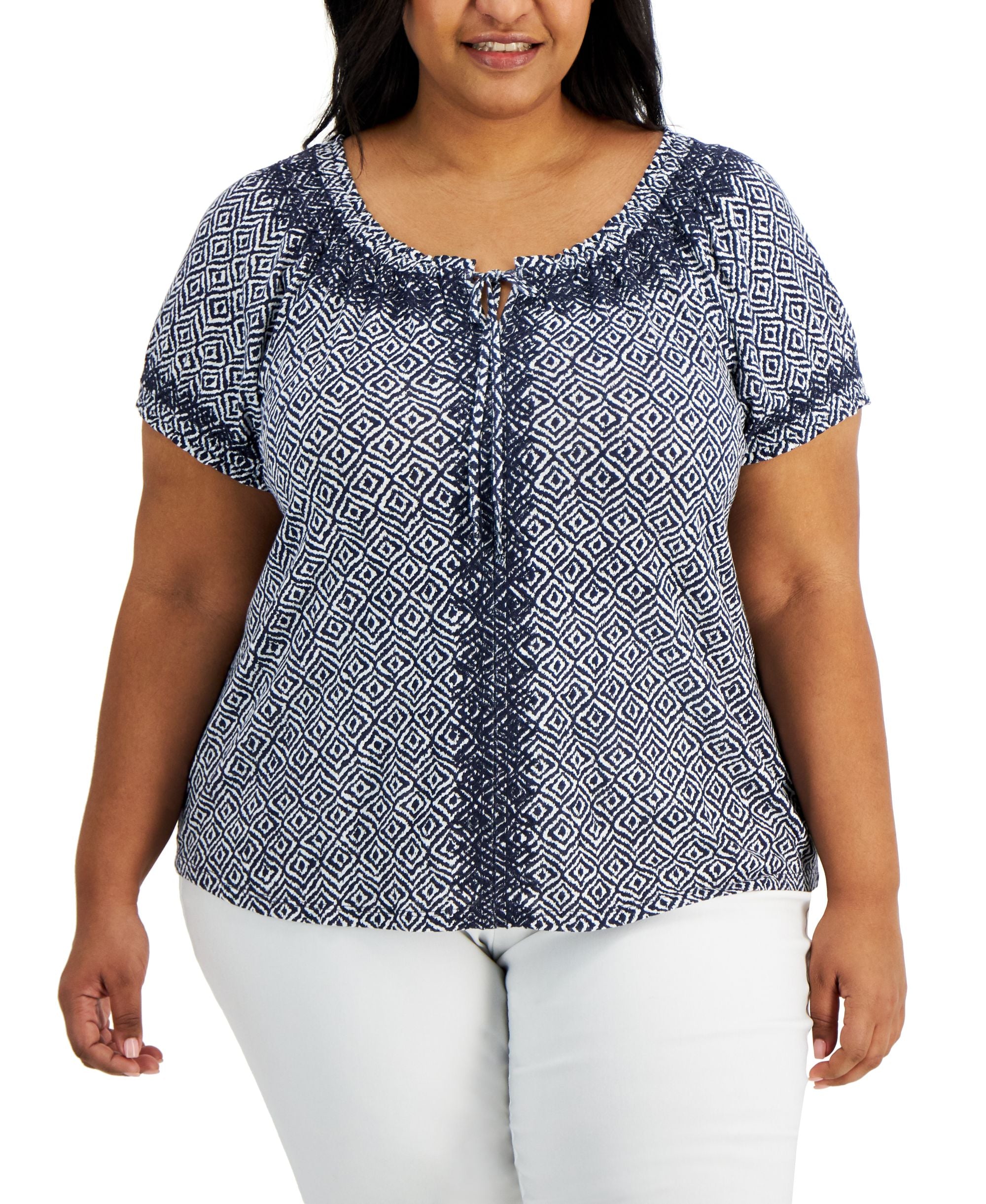 Style & Co Plus Size Embroidered Puff-Sleeve Premium Top