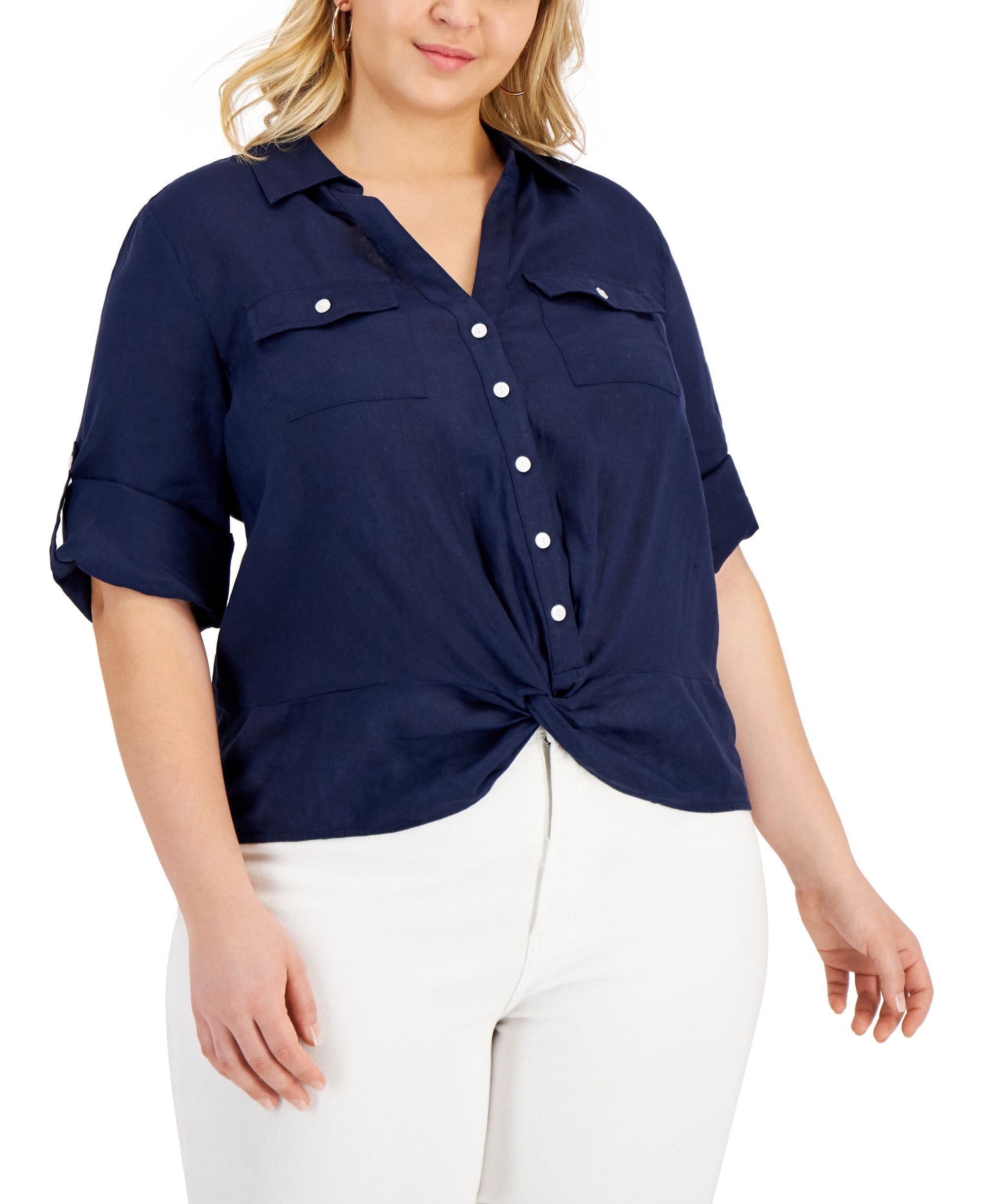 INC International Concepts Plus Size Linen-Blend Twist Hem Premium Top