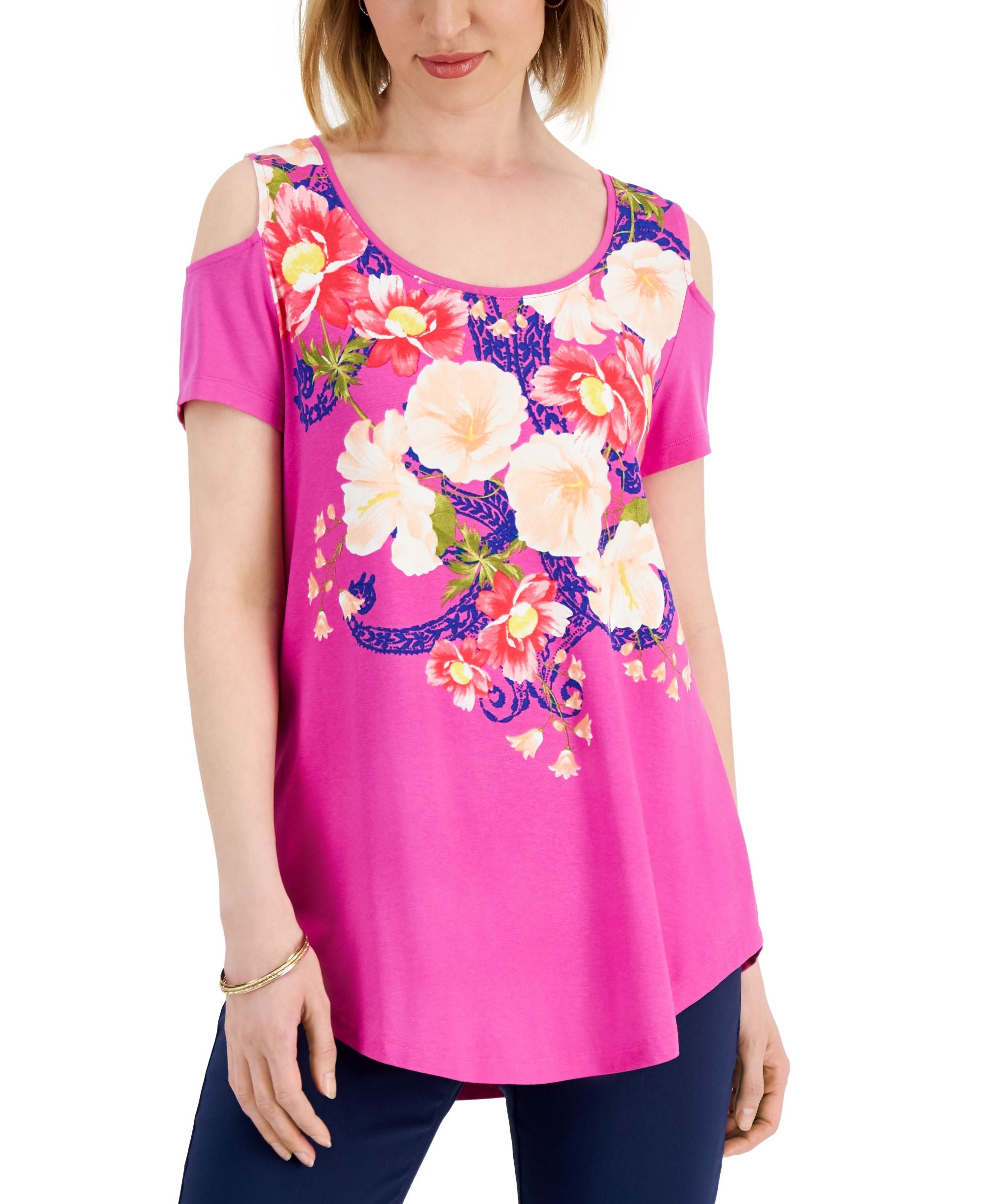 JM Collection Womens Floral Print Cold Shoulder Premium Top