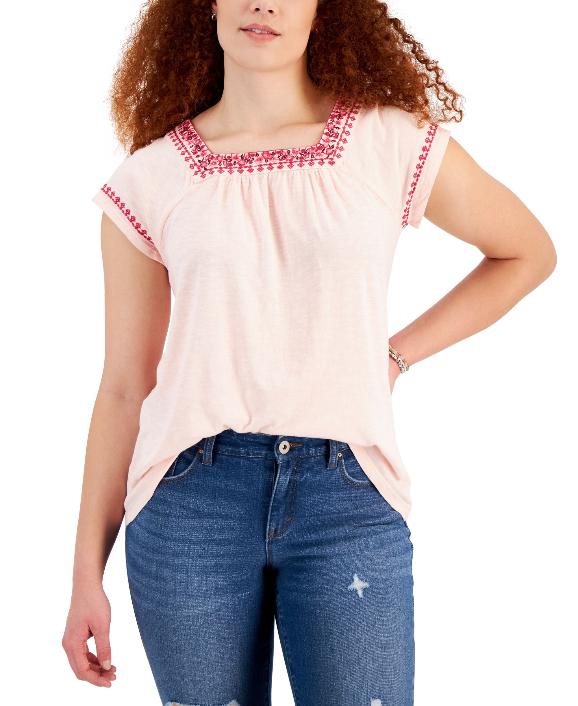 Style & Co Womens Embroidered Flutter-Sleeve Premium Top