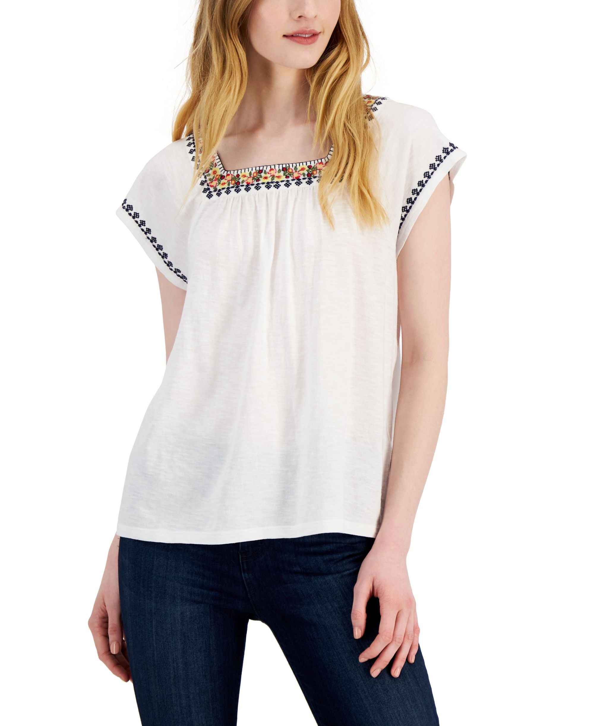 Style & Co Womens Embroidered Flutter-Sleeve Premium Top