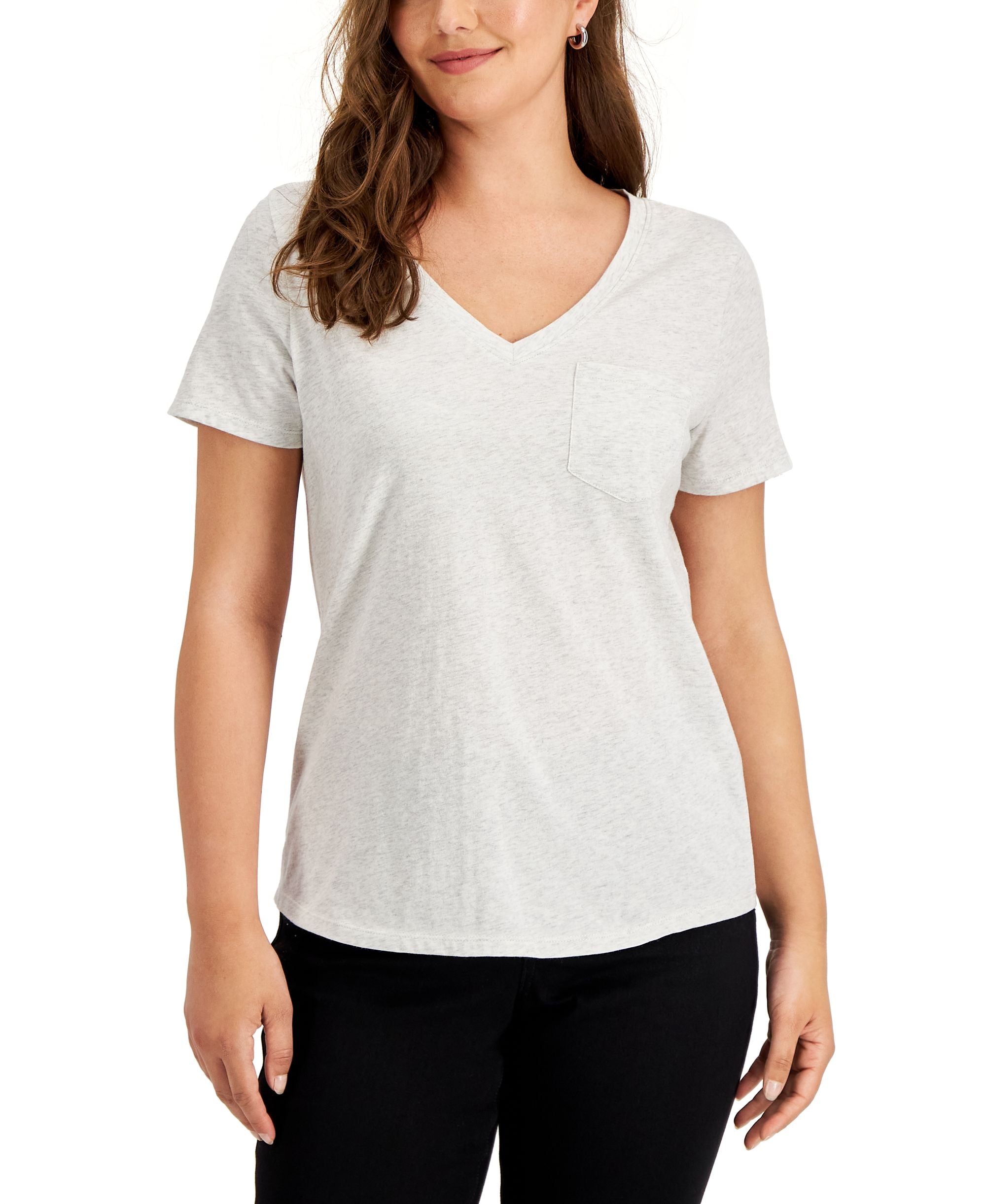 Style & Co Petite Cotton Heathered V Neck Pocket T-Modern Shirt