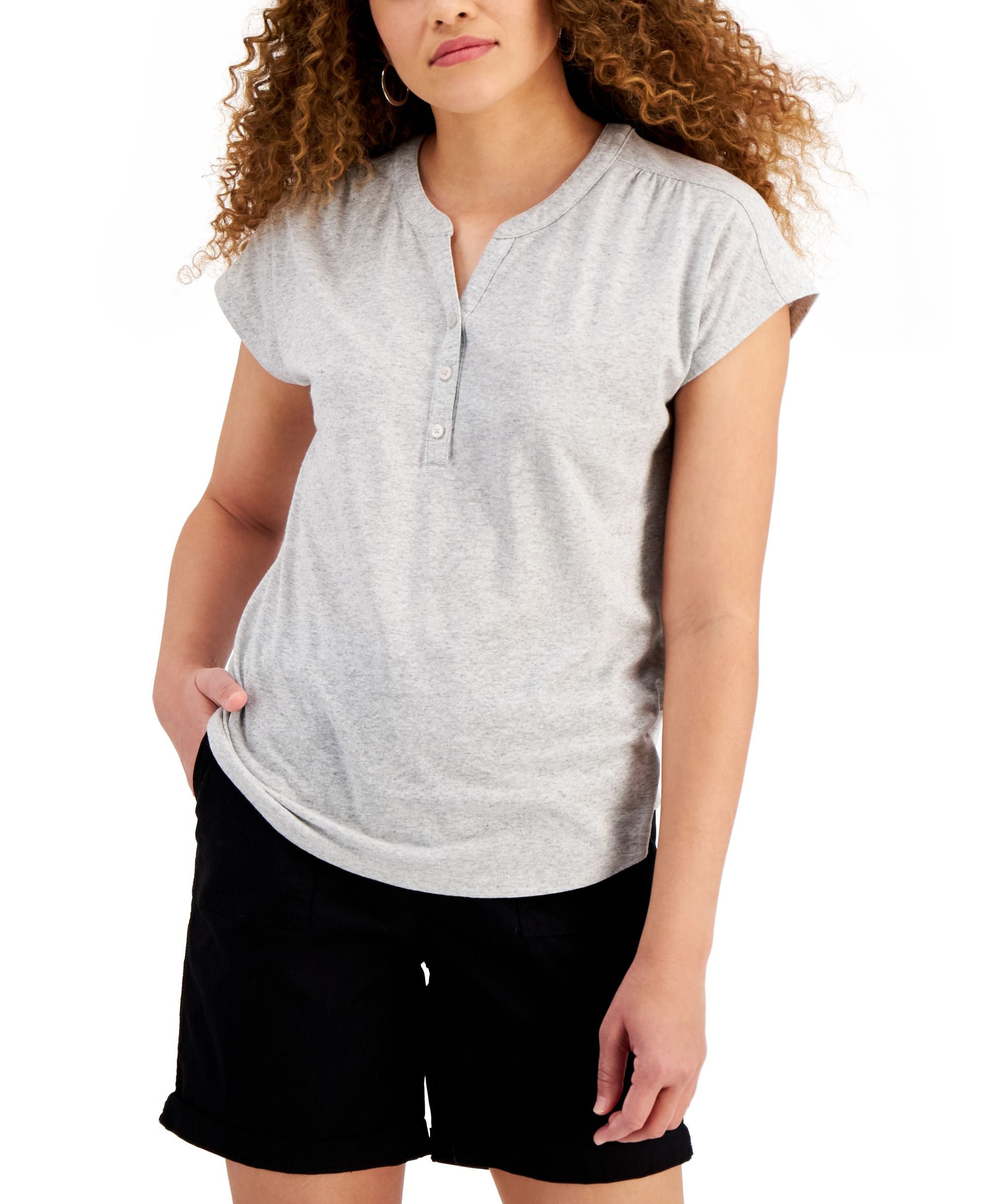 Style & Co Dolman Sleeve Henley Linen-Blend Blend Premium Top