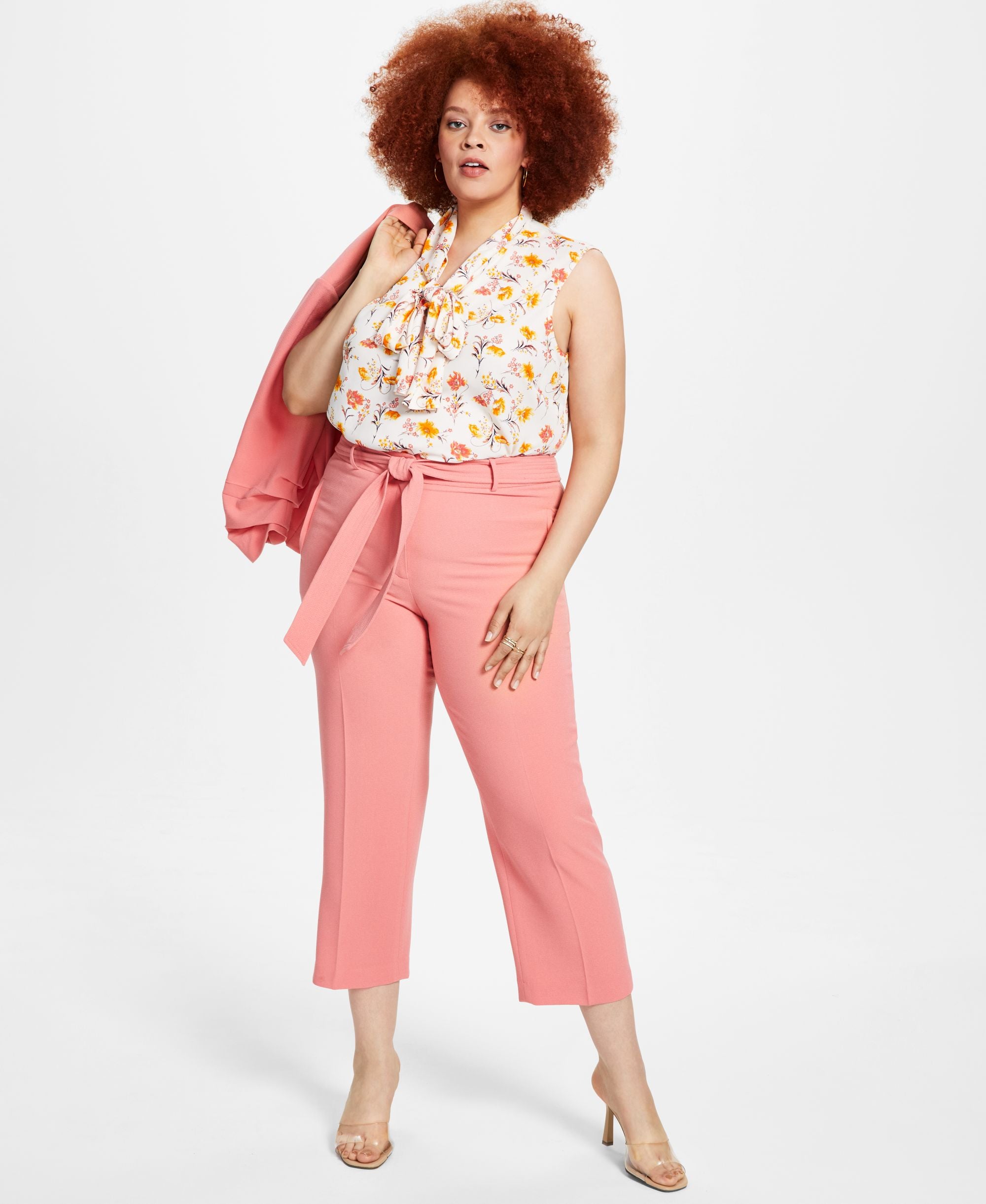 Bar III Plus Size Belted Textured Crepe Signature Pants