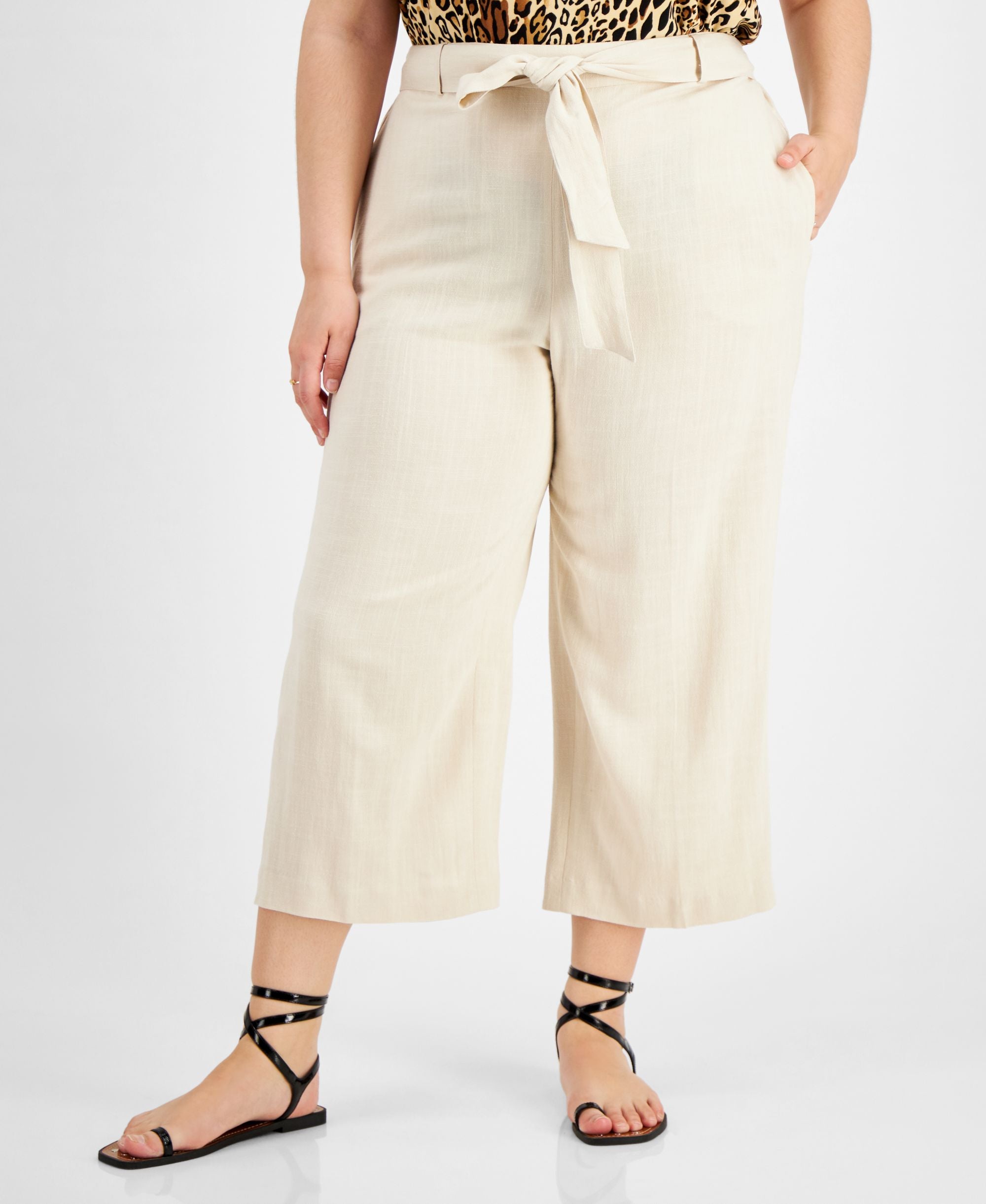 Bar III Plus Size High Rise Tie-Waist Signature Pants