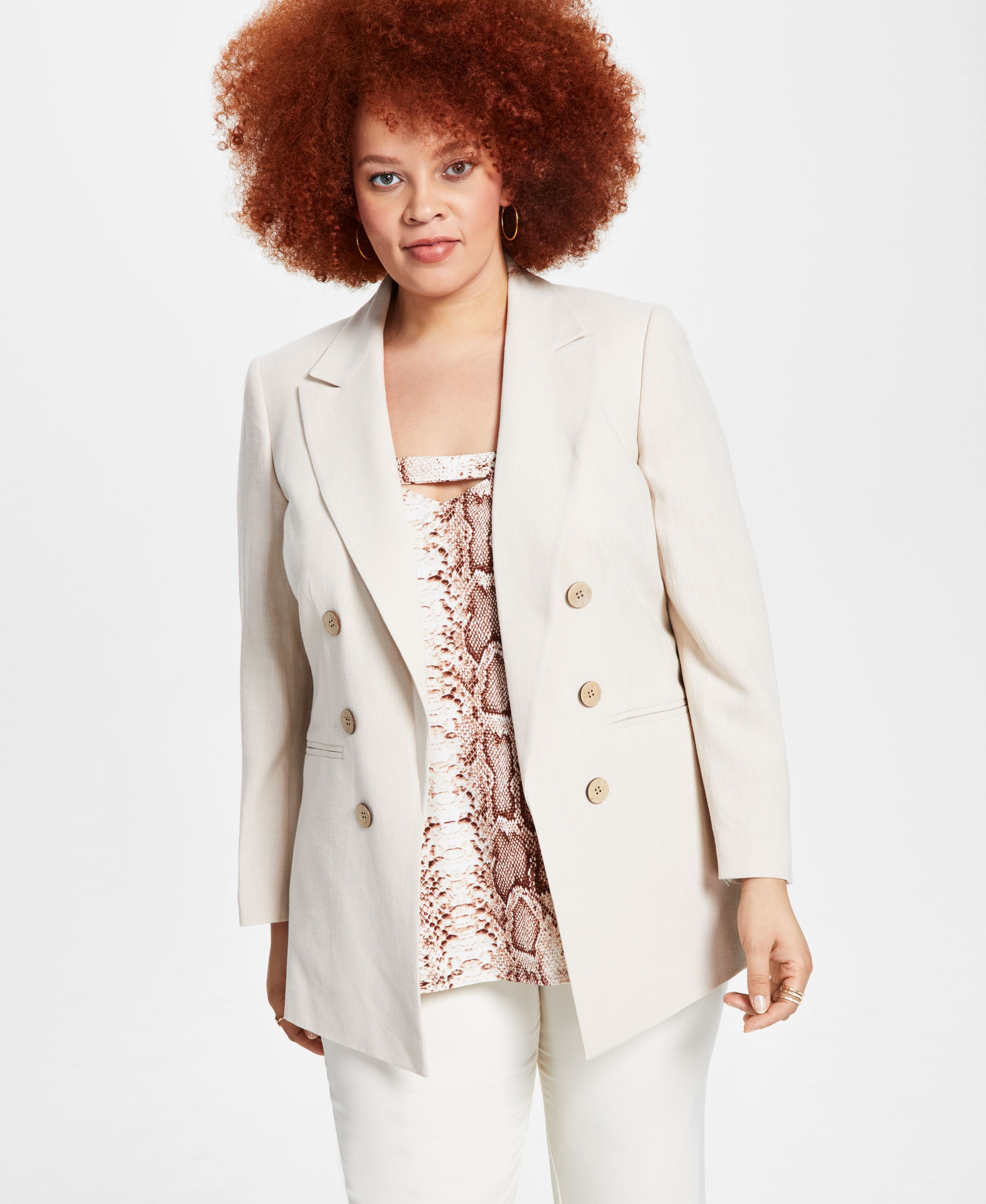 Plus Size Linen-Blend Faux-Double-Breasted Blazer