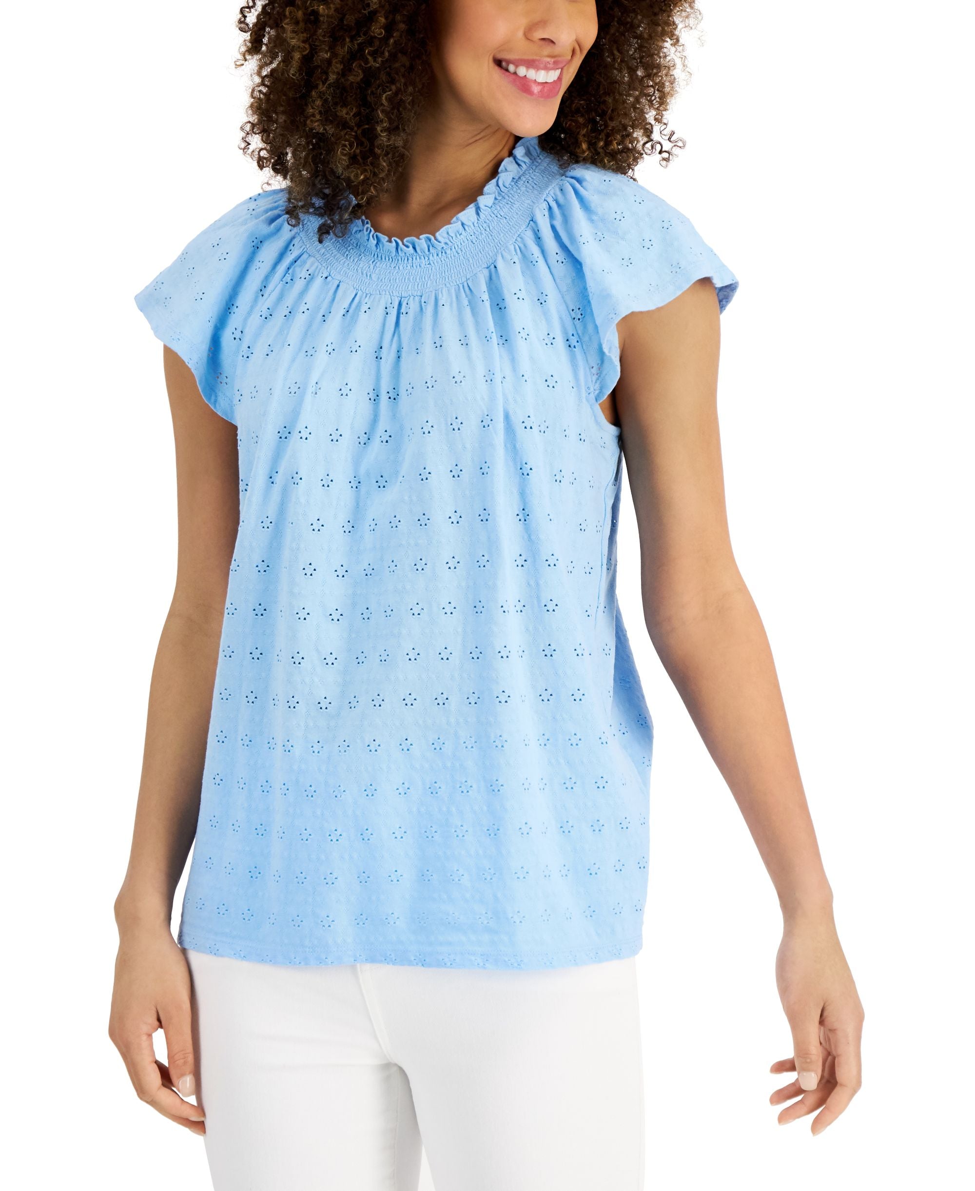 Charter Club Cotton Flutter-Sleeve Eyelet Premium Top