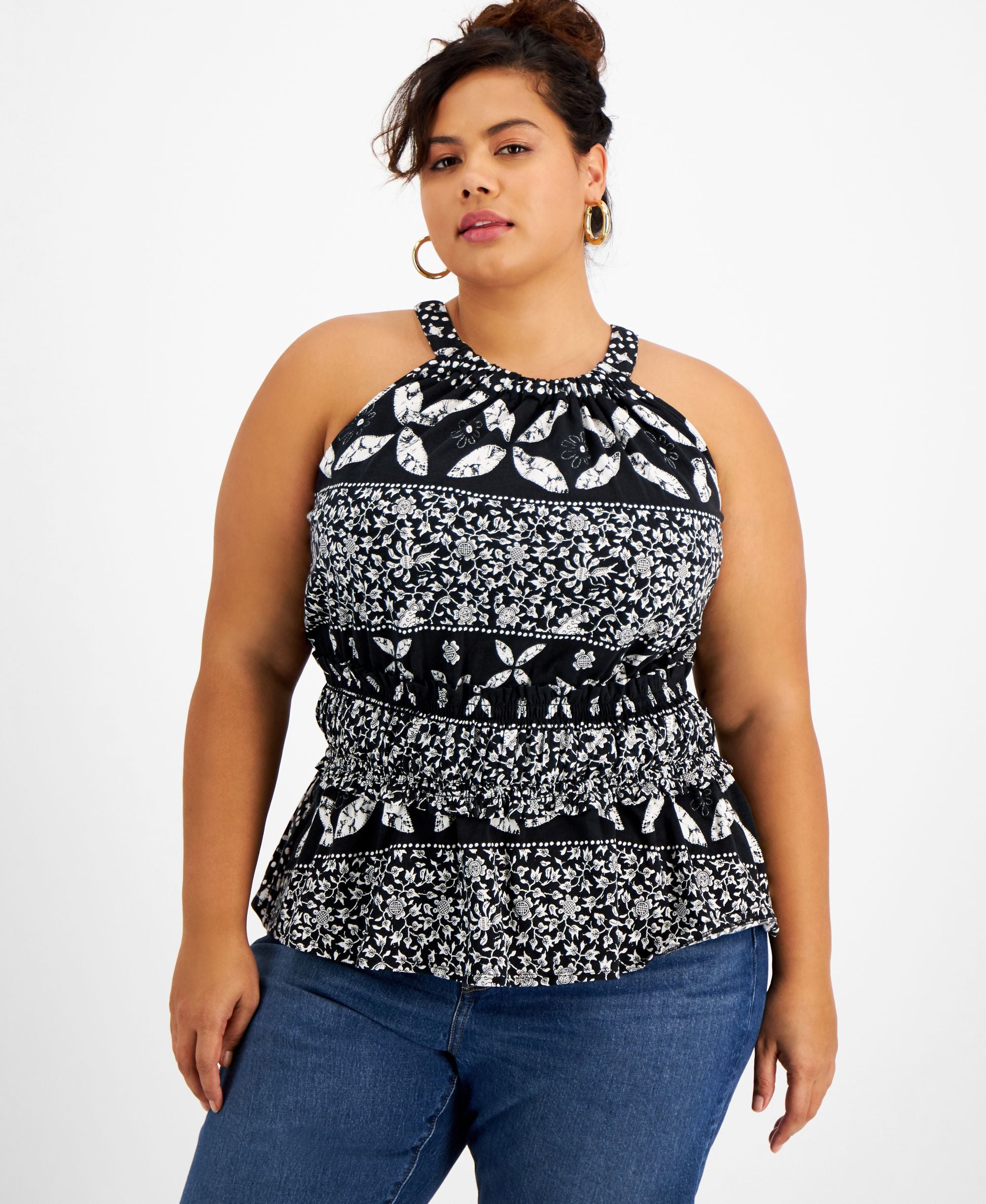 INC International Concepts Plus Size Printed Gathered Waist Halter Premium Top