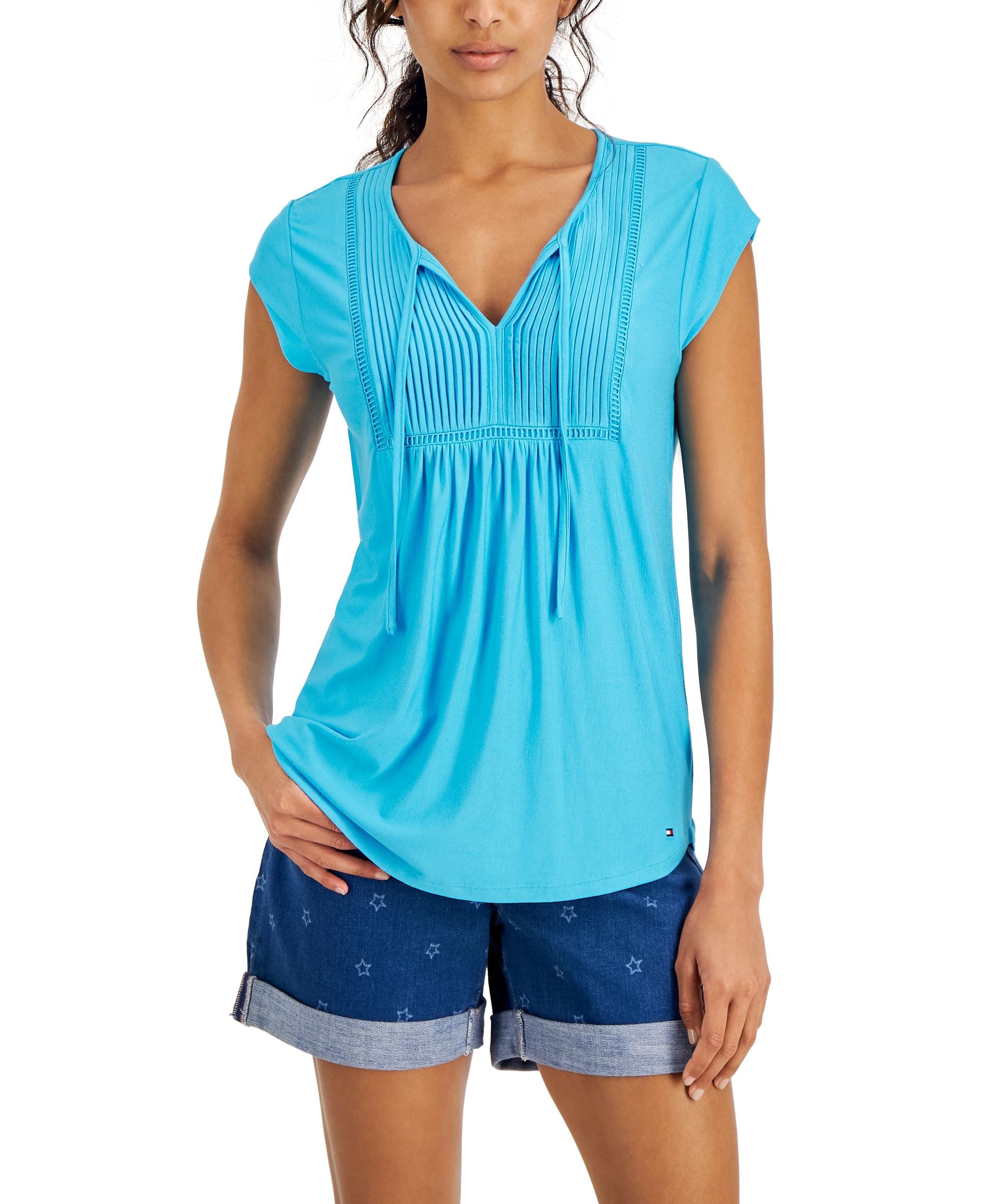 Tommy Hilfiger Womens Pintucked Ladder Trip Premium Top