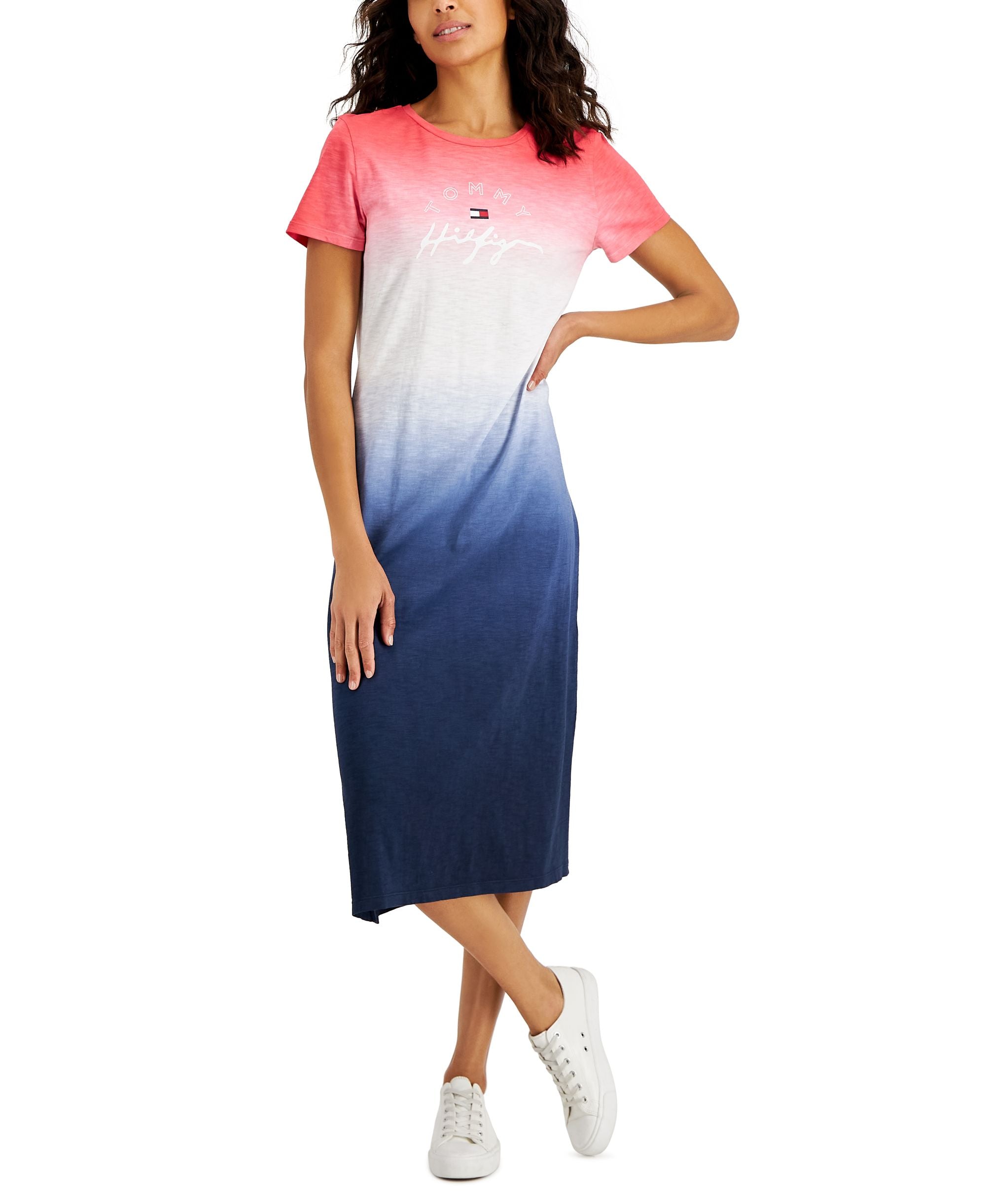Tommy Hilfiger Womens Cotton Dip Dyed Midi T-Modern Shirt Dress