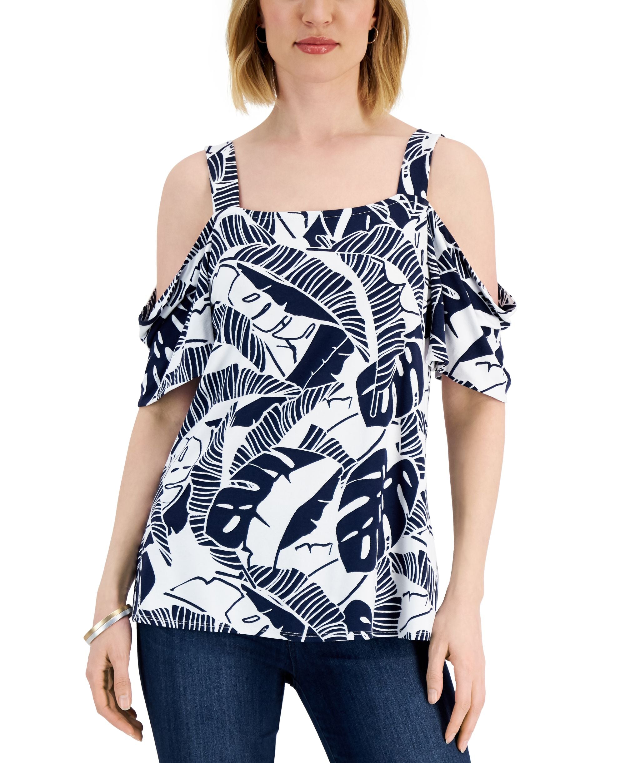 JM Collection Womens Palm Print Cold Shoulder Premium Top