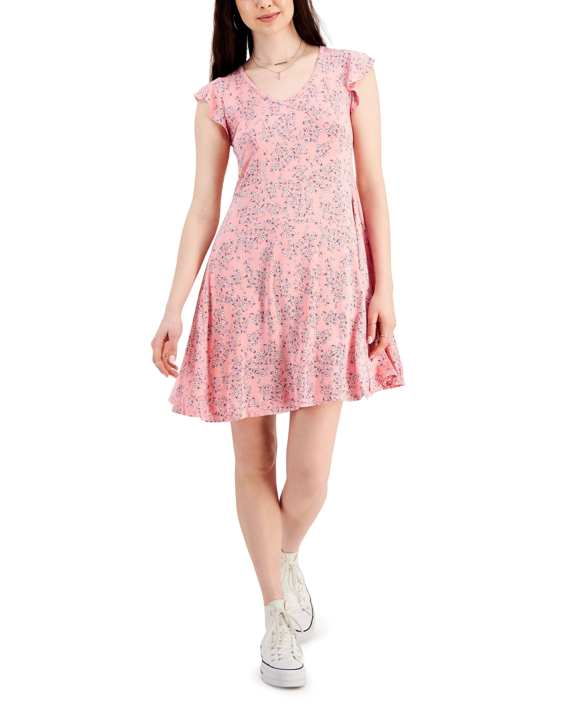 Style & Co Womens Floral Print Flutter-Sleeve Dress