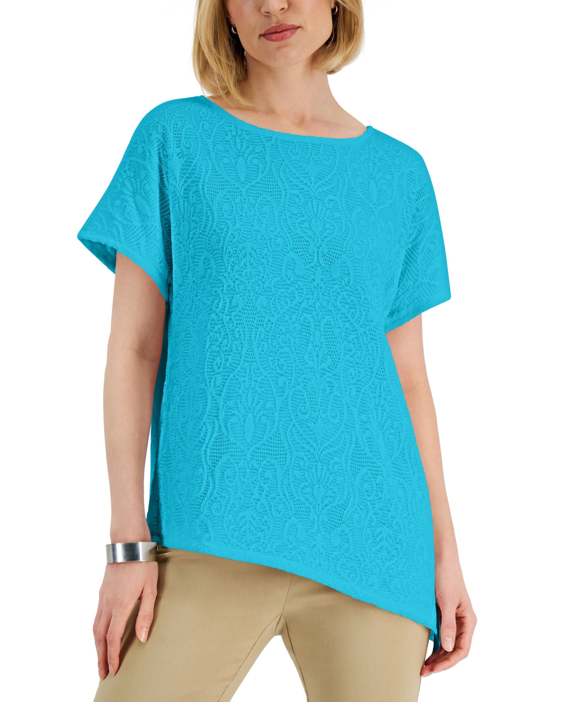 JM Collection Womens Crochet Asymmetrical Hem Premium Top