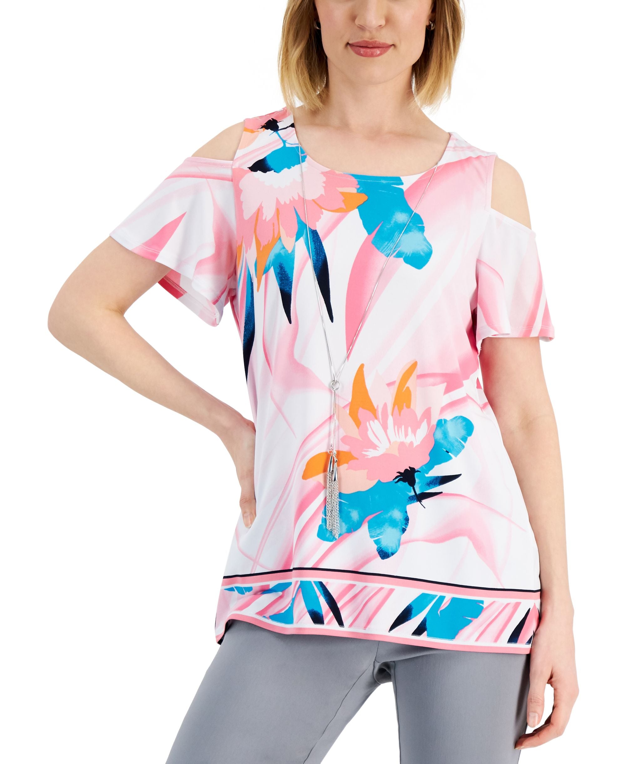 JM Collection Womens Printed Cold Shoulder Premium Top