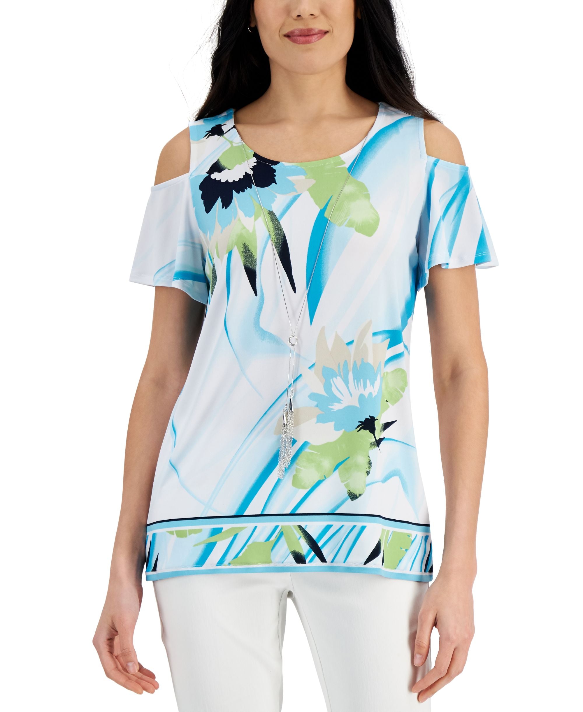 JM Collection Womens Printed Cold Shoulder Premium Top