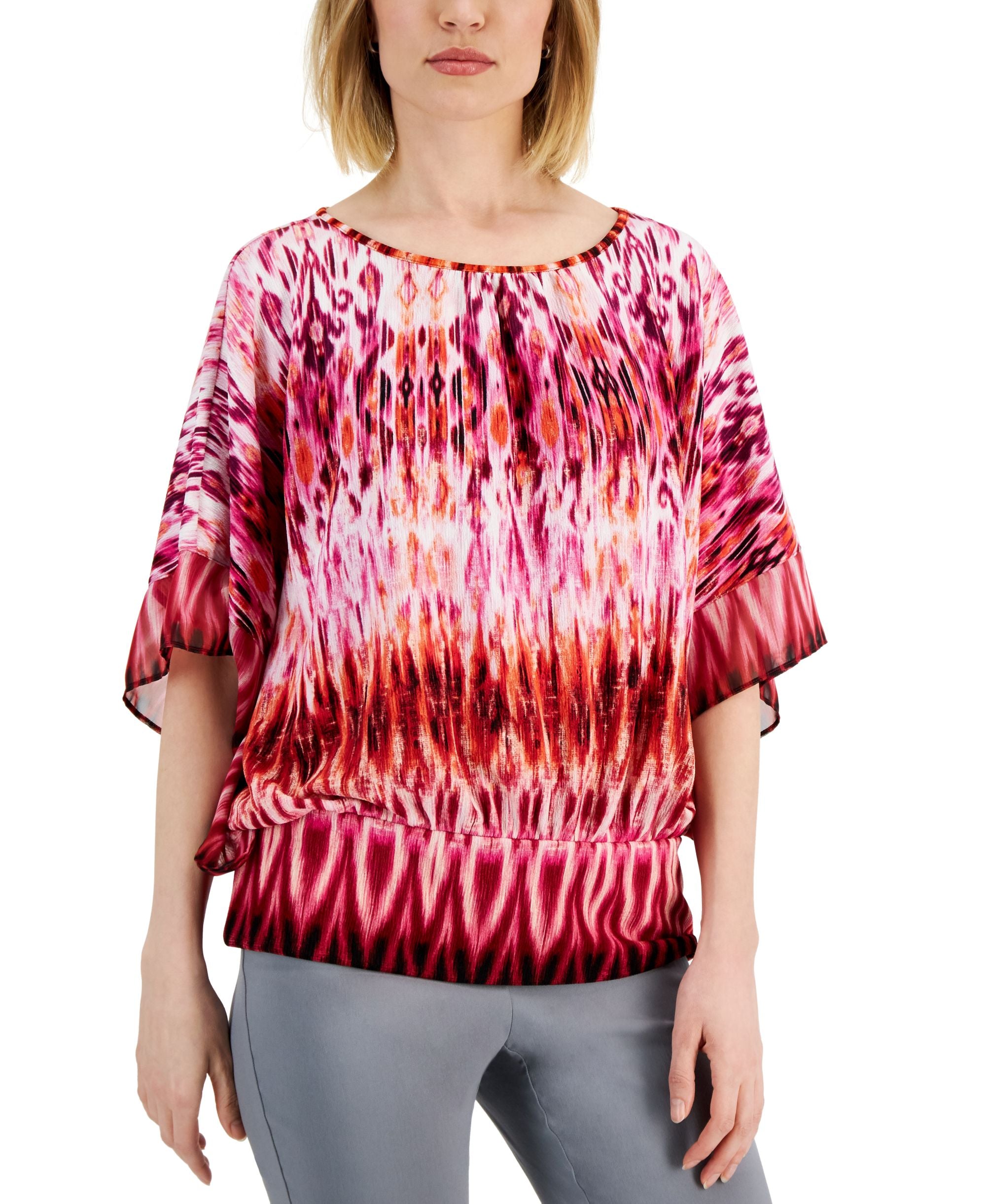 JM Collection Petite Ikat Print Jacquard Blouson Premium Top