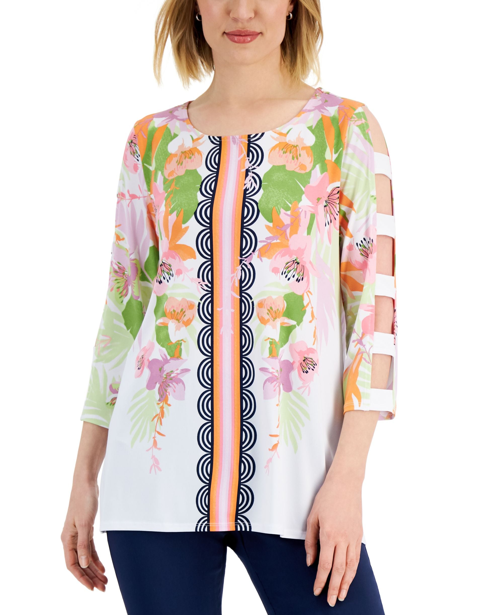 JM Collection Petite Ladder Sleeve Printed Tunic