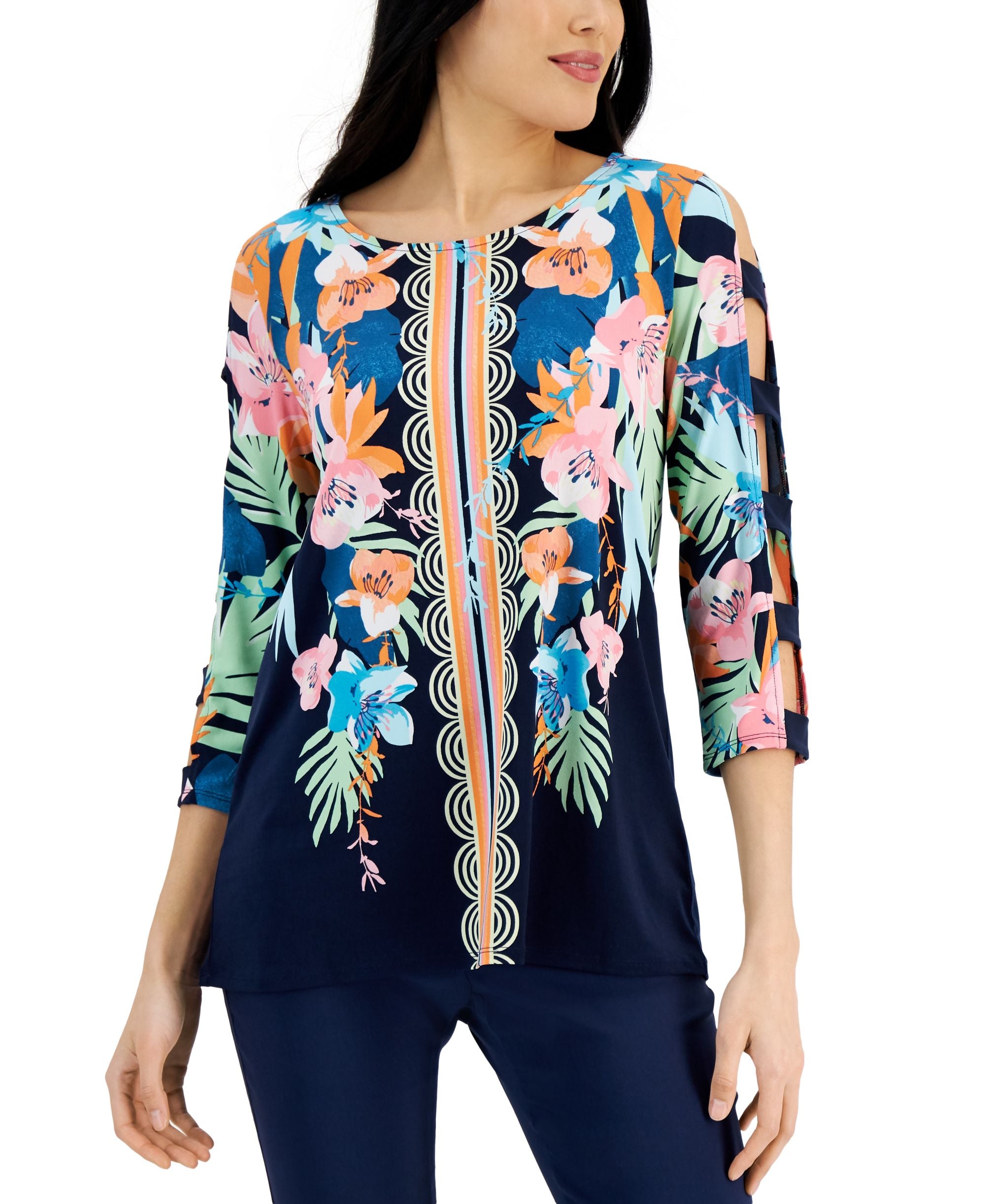 JM Collection Womens Printed Cutout-Sleeve Premium Top