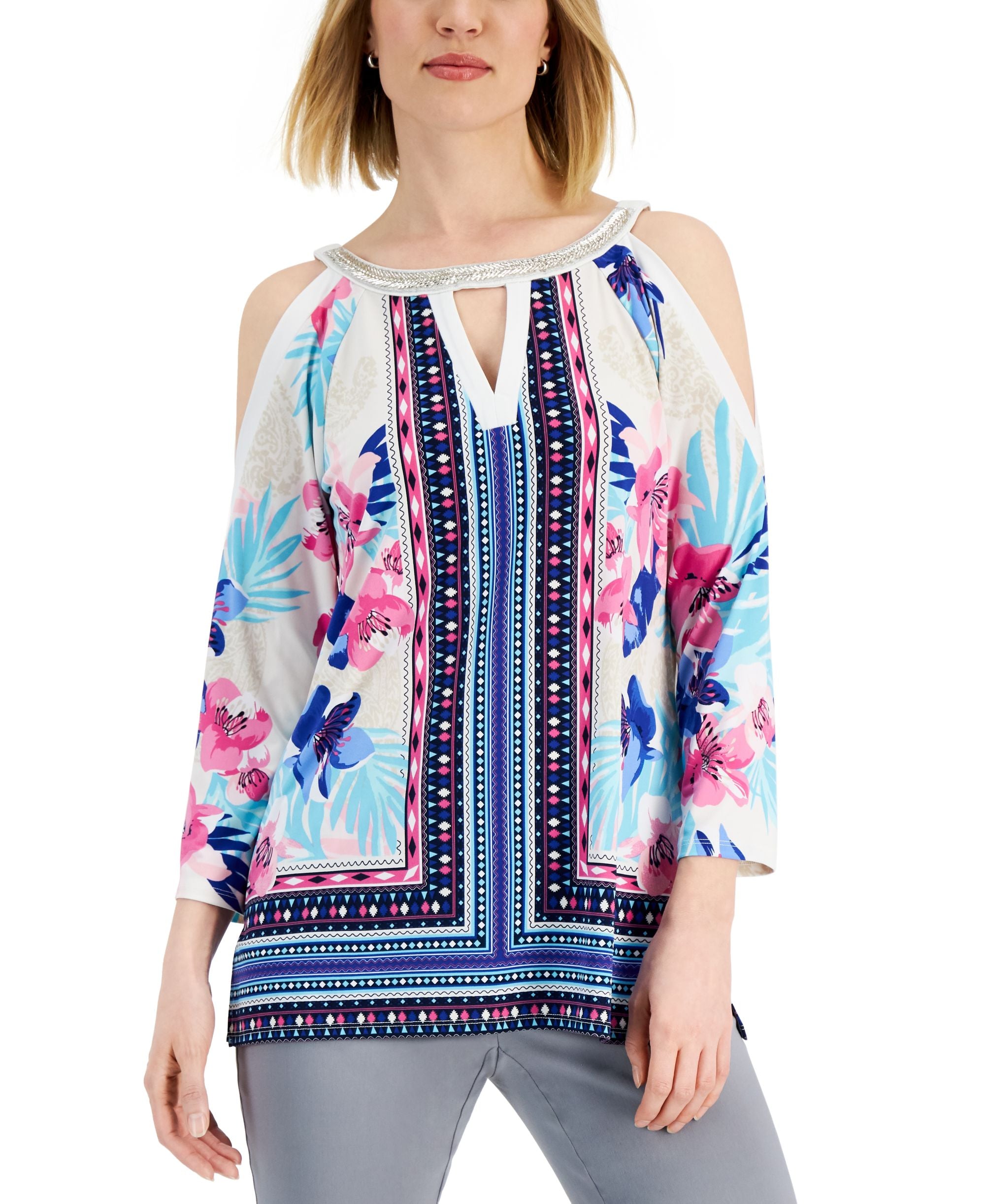 JM Collection Womens Mixed Print Cold Shoulder Premium Top