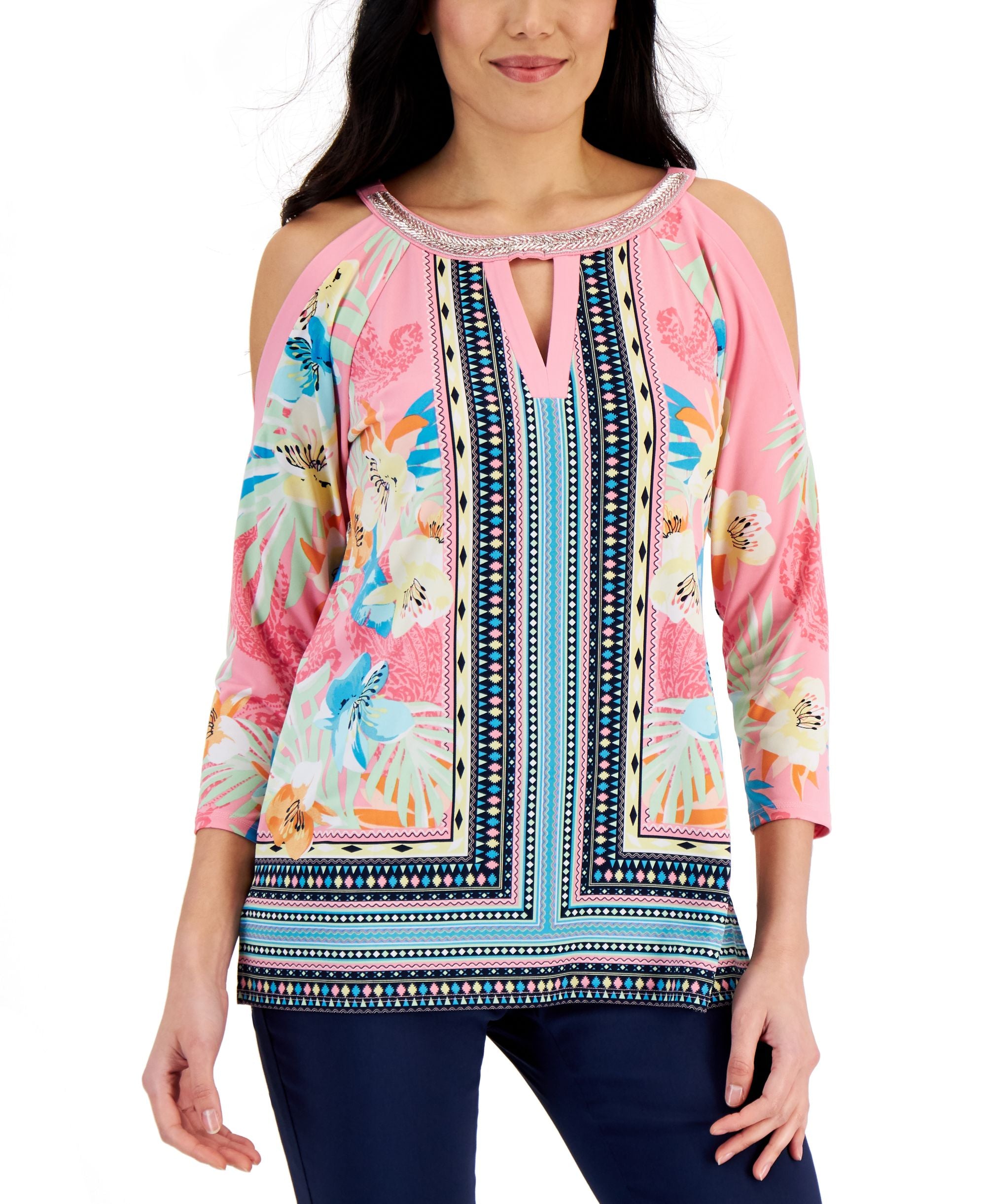 JM Collection Womens Mixed Print Cold Shoulder Premium Top